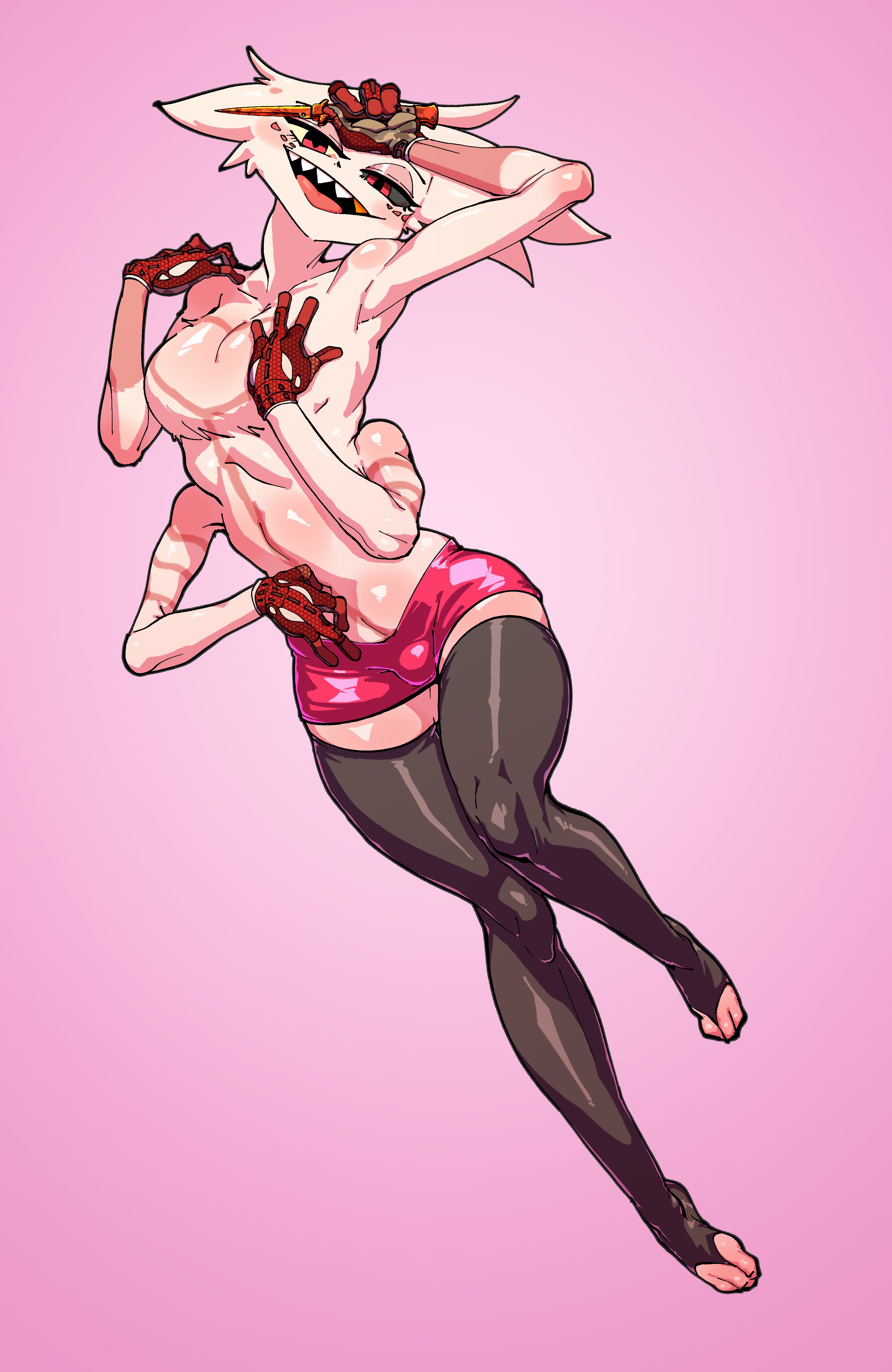 angel dust, angel dust (hazbin hotel), armpit, bulge, femboy, hazbin hotel, male, male only, rushbordie, sharp teeth, spider, spider humanoid, stockings, tight clothes, tight clothing, tight pants