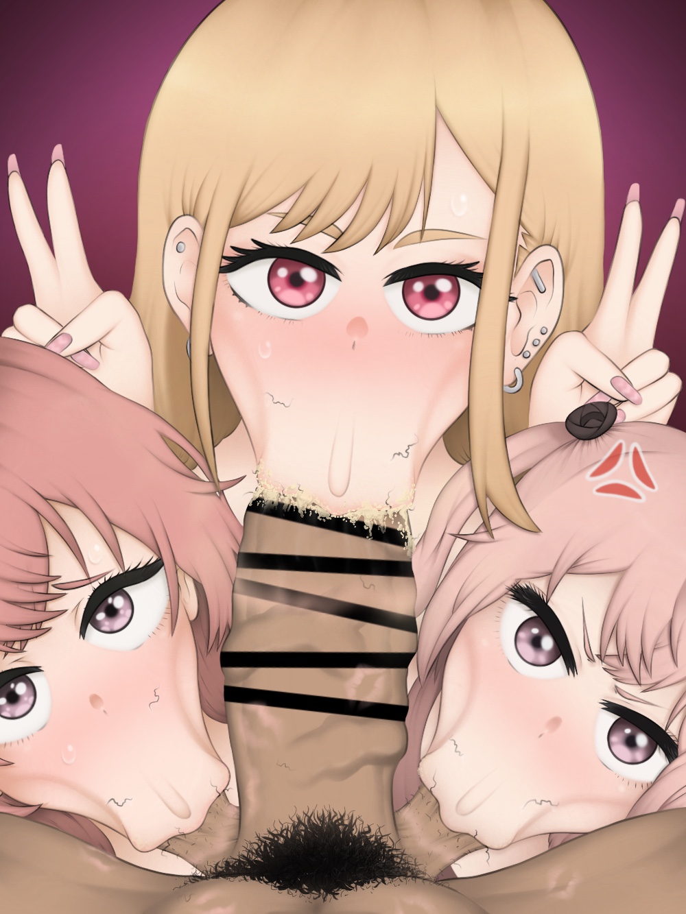 :>=, 1boy, 3girls, alternate version at source, alternate version available, angry, angry face, balls, balls sucking, bar censor, big penis, blonde hair, blowjob, censored, collaborative fellatio, double balls sucking, ear piercing, fellatio, female, gyaru, hair ornament, hairy balls, huge cock, human, inui sajuna, inui shinju, kitagawa marin, lipstick, lipstick mark, lipstick on balls, lipstick on penis, long hair, looking at viewer, male, male pov, multiple females, multiple girls, ngnb, nude, oral, oral sex, peace sign, penis, piercing, piercings, pink eyes, pink hair, pink lipstick, pov, pubic hair, pubic hair in mouth, pubic hair on face, red hair, smegma, smegma in mouth, sono bisque doll wa koi wo suru, stray pubic hair, sucking balls, sucking tip, sweat, sweating, triple fellatio