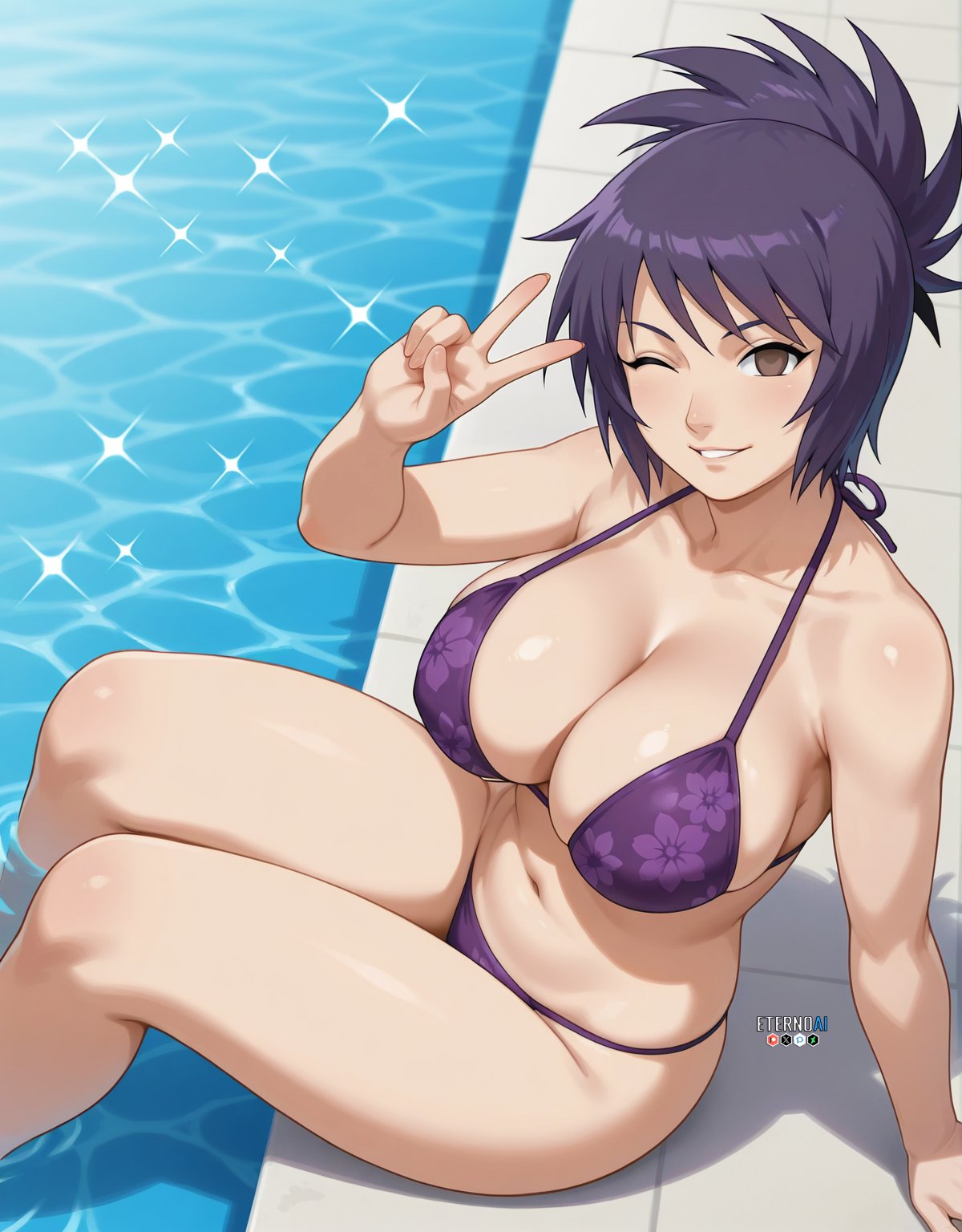 1girls, ai generated, big breasts, bikini, bikini top, blush, breasts, cleavage, deviantart username, eternoai, female, female only, floral print, forehead protector, huge breasts, micro bikini, mitarashi anko, naruto, naruto (series), naruto shippuden, neckwear, one eye closed, outdoors, patreon username, peace sign, pixiv username, pool, poolside, purple hair, sagging breasts, sitting, skimpy, skimpy bikini, text, thick thighs, twitter username, url, v sign, voluptuous, watermark, waving, waving at viewer, web address, wink