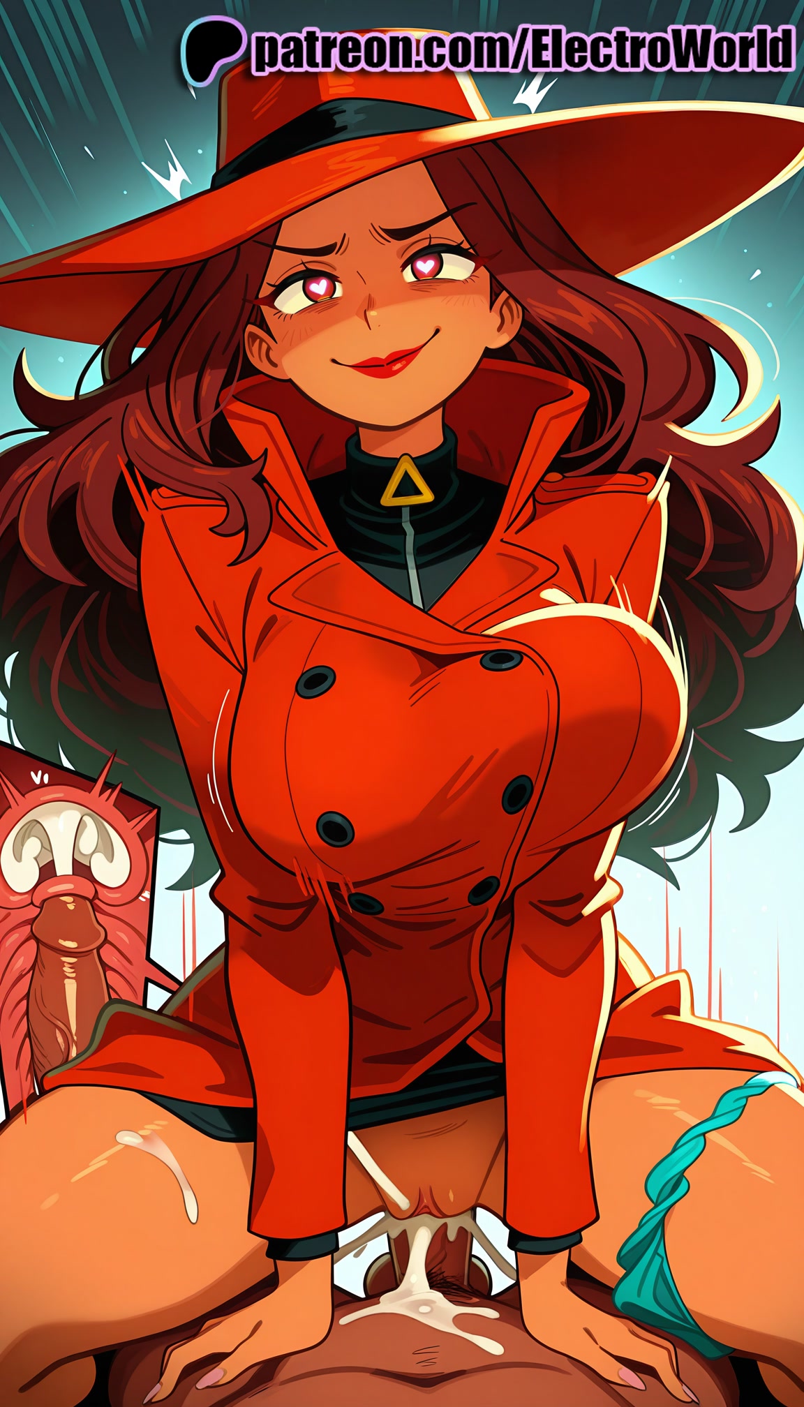 1boy, 1girls, 2025, ai generated, artist name, carmen sandiego, carmen sandiego (2019), clothed sex, cock, cowgirl position, cross section, cum, cum in pussy, dick, ejaculation, electroworld, female, female on top, fucking, hat, hi res, high quality, high resolution, highres, intercourse, internal cumshot, love making, male, overflow, panties, panties around one leg, patreon, patreon username, penetration, penis, pov, pussy, riding, sex, sexual intercourse, solo focus, squatting cowgirl position, stable diffusion, straddling, straight, uncensored, underwear, uterus, vaginal penetration, watermark, x-ray