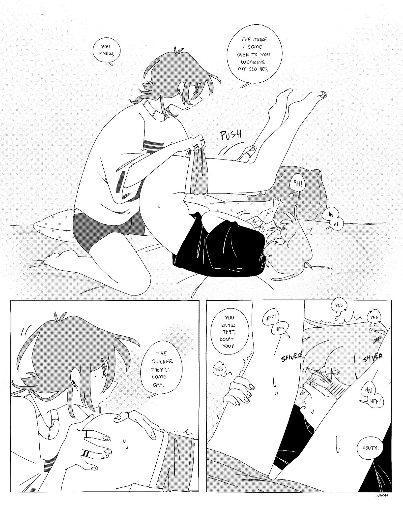 2boys, ahoge, anilingus, artist name, asking for it, blonde hair, blush, bottomless, brown hair, comic, covering mouth, dialogue, drooling, ear piercing, earrings, english text, full-face blush, functionally nude, greyscale, hair over one eye, half-closed eyes, hand on another's ass, hand on another's leg, hand on thigh, heart, imminent anilingus, imminent oral, imminent rimming, imminent sex, juliegg, kneeling, kouta (juliegg), looking at another, looking pleasured, lying, lying on back, lying on bed, male, mole, mole on neck, mole under eye, monochrome, motion lines, original, panting, partially clothed, rimming, ring, romantic, romantic couple, rui (juliegg), saliva, side view, sideass, sound effects, speech bubble, sweatdrop, thought bubble, trembling, underwear down, underwear pull, undressing, undressing another, unseen male face, watermark, wearing others clothes, wholesome, yaoi
