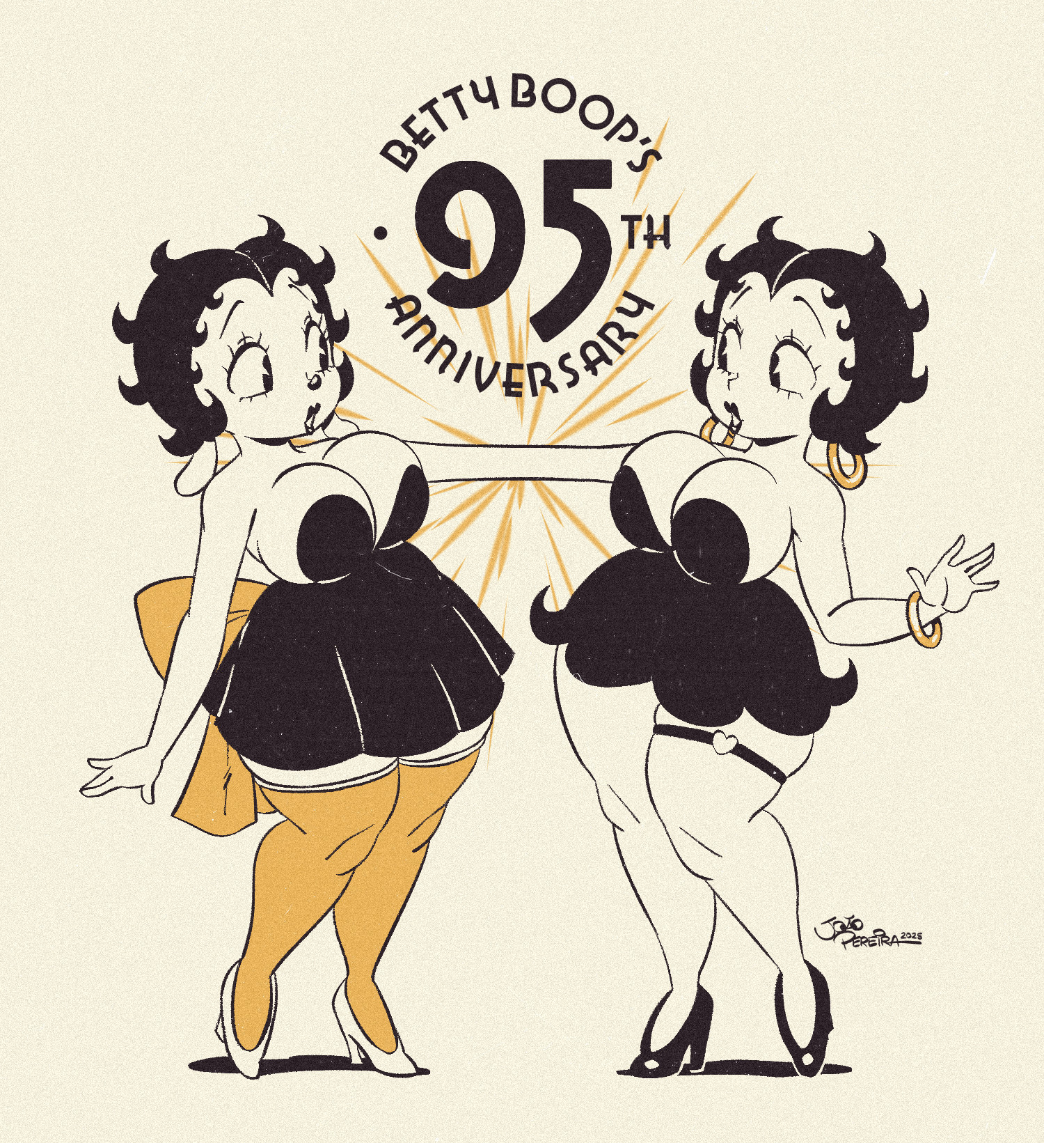 2025, 2d, 2girls, anniversary, anthro, betty boop, betty boop (series), big breasts, bow, bracelet, breasts, cleavage, clothed, dog ears, dog girl, dress, earrings, eyelashes, female, female focus, female only, flapper, fleischer studios, high heels, human, humanoid, joaoppereiraus, lipstick, retro artstyle, stockings, thicc, thick ass, thick legs, thick thighs, voluptuous