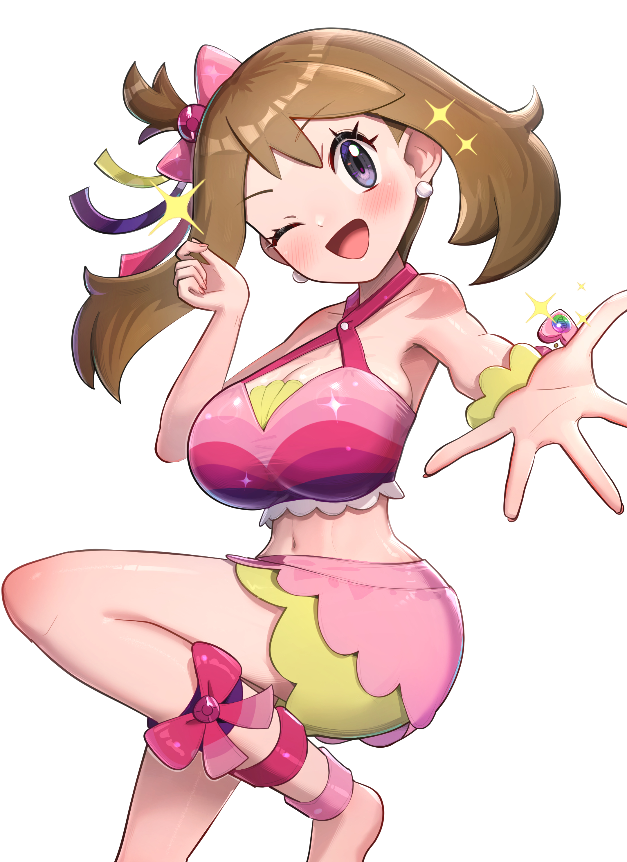 1girls, absurdres, adapted costume, breasts, female, female only, gonzarez, highres, large breasts, may (contest) (pokemon), may (pokemon), nintendo, pokemon, pokemon oras, simple background, solo, white background