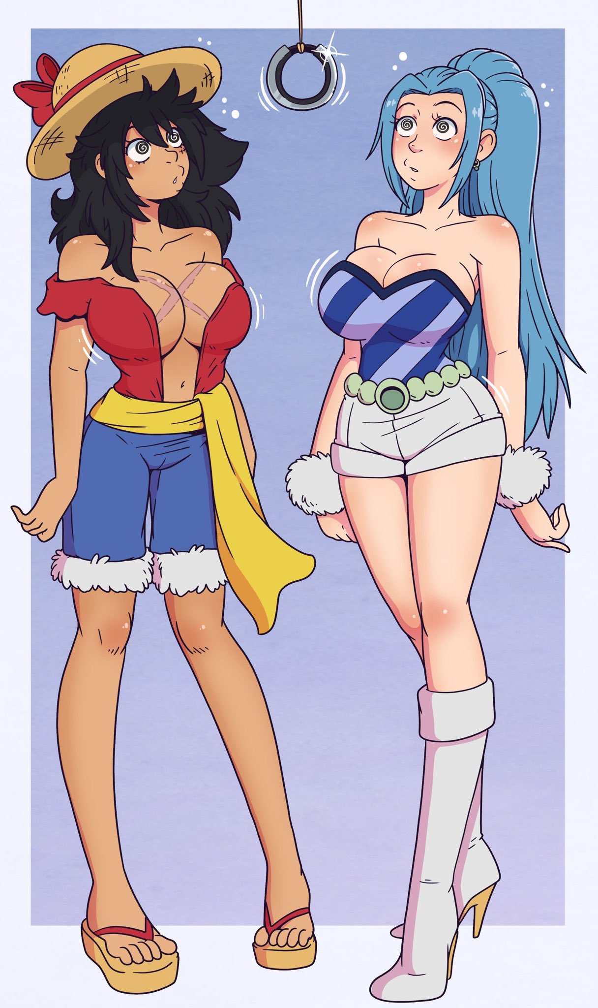 2d, 2girls, blue hair, blue-haired female, brainwashed, brainwashing, breasts, clothed, clothes, clothing, coin on string, color, colored, commission, dazed, digital media (artwork), female, female only, fully clothed, genderswap (mtf), hypnosis, hypnotized, hypnotized female, jango (one piece), large breasts, light skin, light-skinned female, luffyko, mind control, monkey d luffy, nefertari vivi, no bra, no bra under clothes, one piece, rule 63, spiral eyes, straw hat, voluptuous, voluptuous female, wrenzephyr2