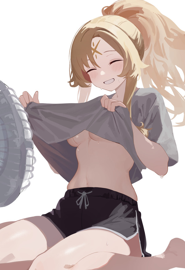 blonde hair, breasts, cooling off, duel monster, ecclesia (yu-gi-oh!), facial markings, fan, female, fully clothed, nbee ya, no bra, ponytail, shirt, shorts, smile, sweat, underboob, yu-gi-oh!