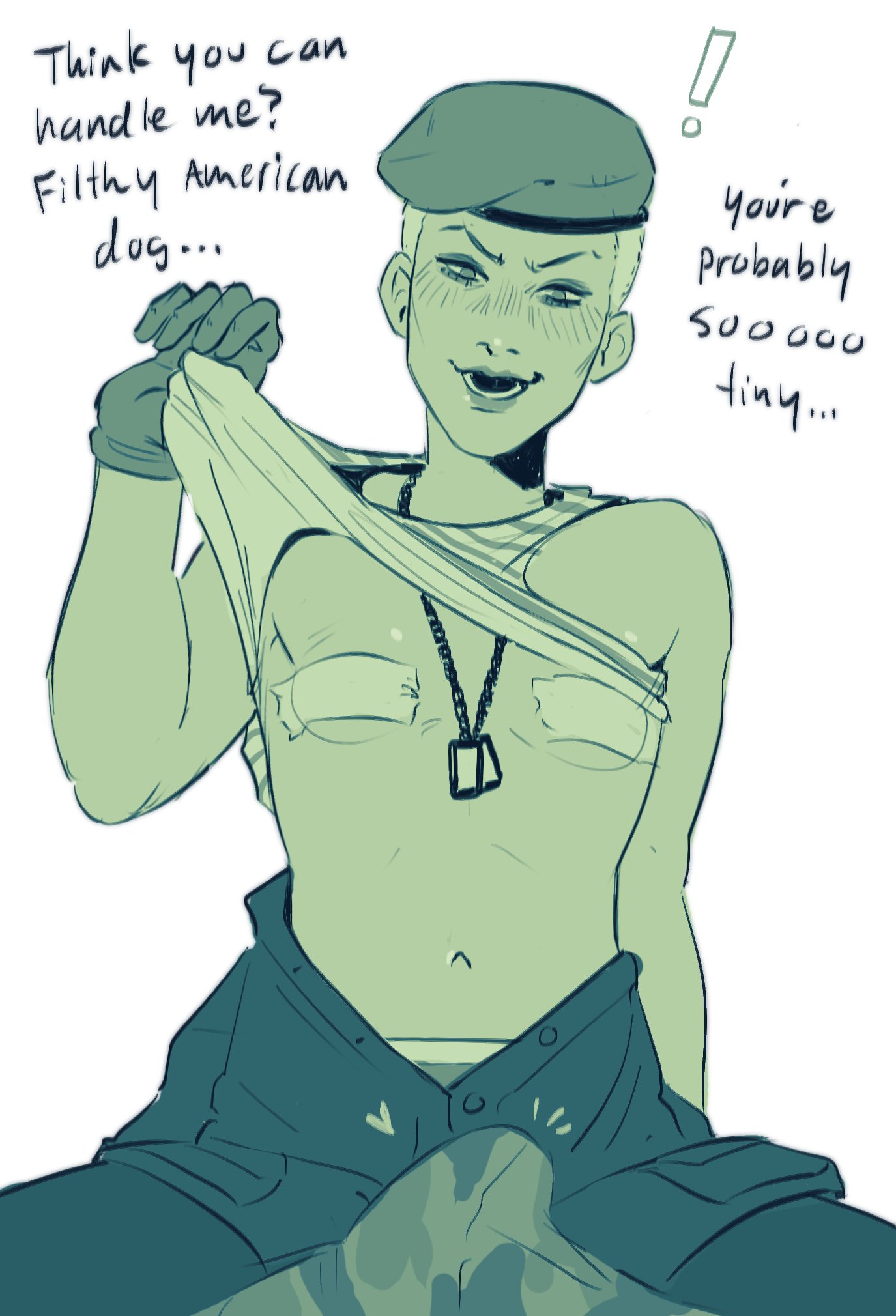 adamska, big boss, boner, breasts, cocky, degradation, english, english text, female, flashing, flashing breasts, flirting, hard on, loggyburger, male, metal gear, metal gear solid, metal gear solid 3, metal gear solid delta, revolver ocelot, shaming, sitting on lap, sitting on person, small breasts, taped nipples, tomgirl