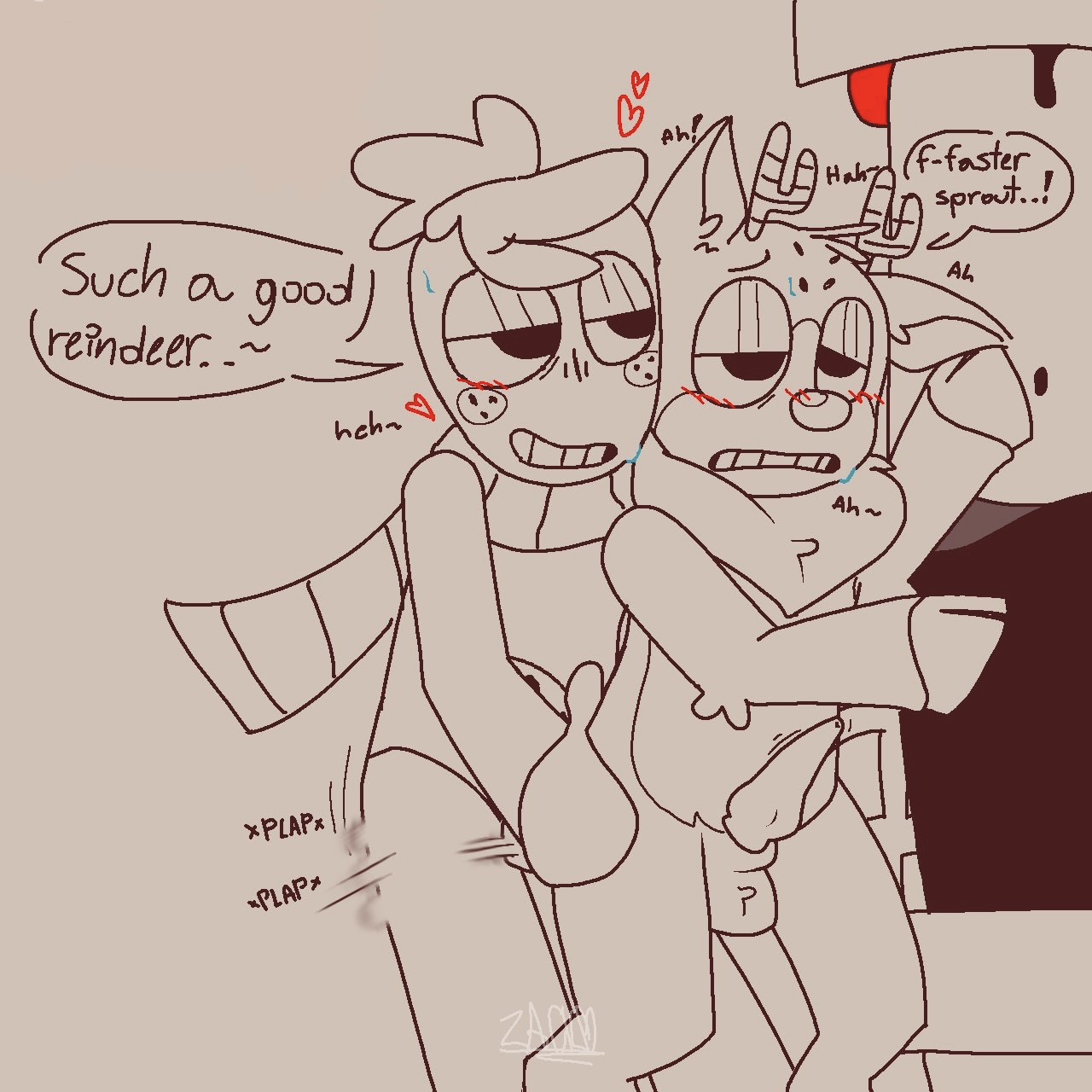 1furry, 2boys, against surface, anal, anal sex, animal genitalia, animate inanimate, anthro, antlers, aroused, balls, blush, cock, dandy's world, deer, dialogue, dick, digital media (artwork), duo, english, english text, food creature, frown, frowning, functionally nude, functionally nude male, furry, gay, gay anal, gay sex, genitals, hand on hip, hand on hips, heart, hearts around head, hooves, hybrid penis, ichor, jpeg, knot, knotted penis, lidded eyes, m/m, male, male on male, male only, male/male, moaning, naked, neck fluff, neck fur, no human, no humans, no-human, non-anthro on anthro, non-human, non-human only, nude, one ear up, only male, penetration, penis, plain background, reindeer, request, requested, roblox, roblox game, rudie (dandy's world), scarf, sex, simple background, smile, smiling, sprout (dandy's world), standing, standing sex, standing up, strawberry, striped antlers, striped scarf, sweat, sweatdrop, tan background, testicles, thrusting hips, uncolored