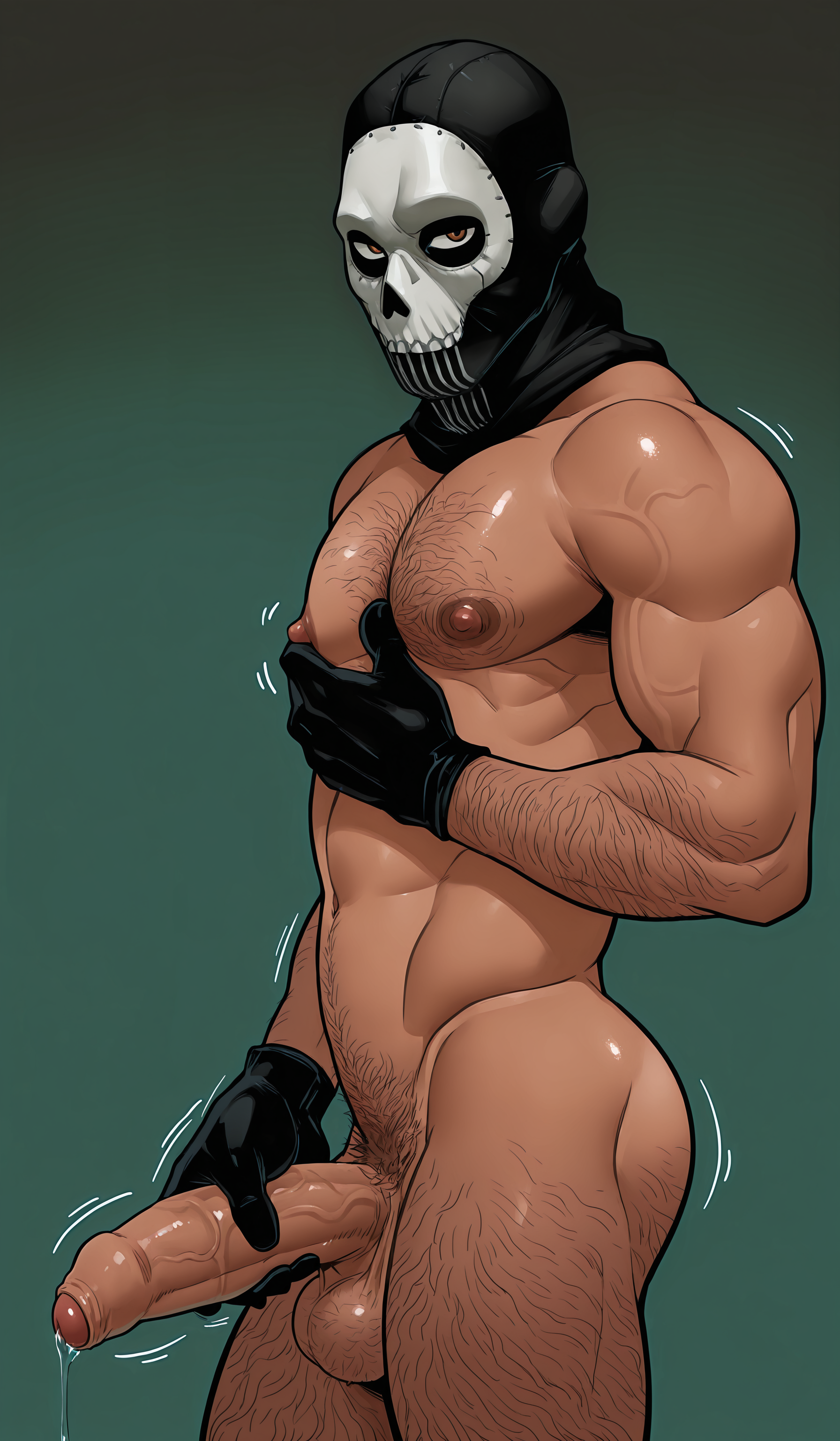 1boy, abstract background, ai generated, arm hair, balls, big penis, black gloves, black mask, body hair, call of duty, call of duty modern warfare 2 (2022), chest hair, dripping precum, foreskin, ghost (modern warfare 2), glans, gloves, happy trail, jerking, jerking off, jerkingoff, leg hair, light skin, light-skinned male, long foreskin, male, male focus, male only, masculine, masculine male, mask, mask only, masked, masked male, masturbation, motion blur, motion lines, muscular, muscular male, naked, naked male, nipples, nude, nude male, pecs, penile masturbation, penis, pinching nipples, precum, pubes, simon riley, solo male, uncircumcised, uncut, unretracted foreskin