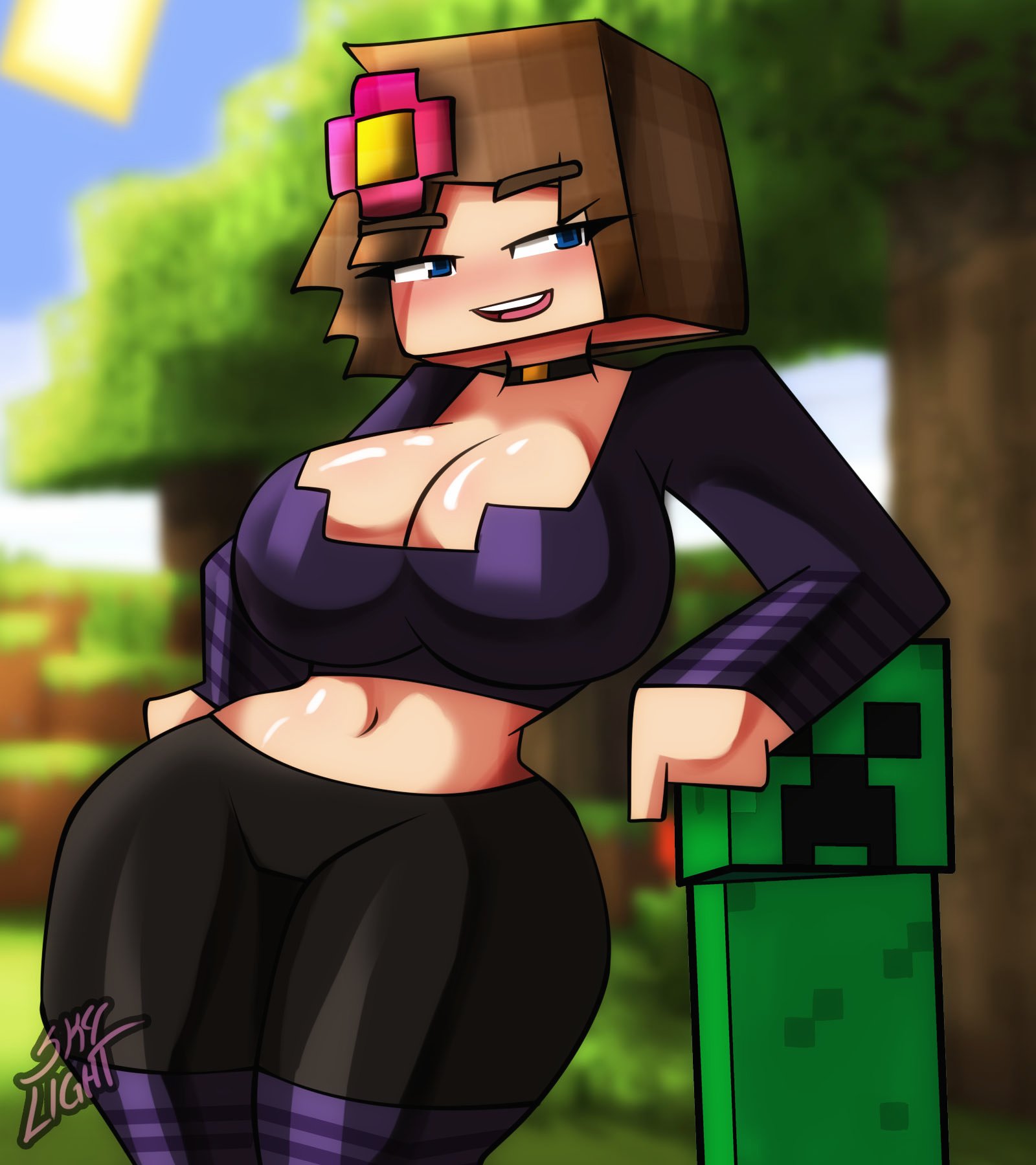1girls, blue eyes, breasts, cleavage, clothed, clothing, creeper, cube head, female, female focus, flower in hair, front view, hand on hip, jenny belle (slipperyt), kneehighs, long sleeve shirt, looking at viewer, microsoft, midriff, minecraft, mojang, original, original character, outside, shirt, skylight (artist), square head, thick thighs, yoga pants