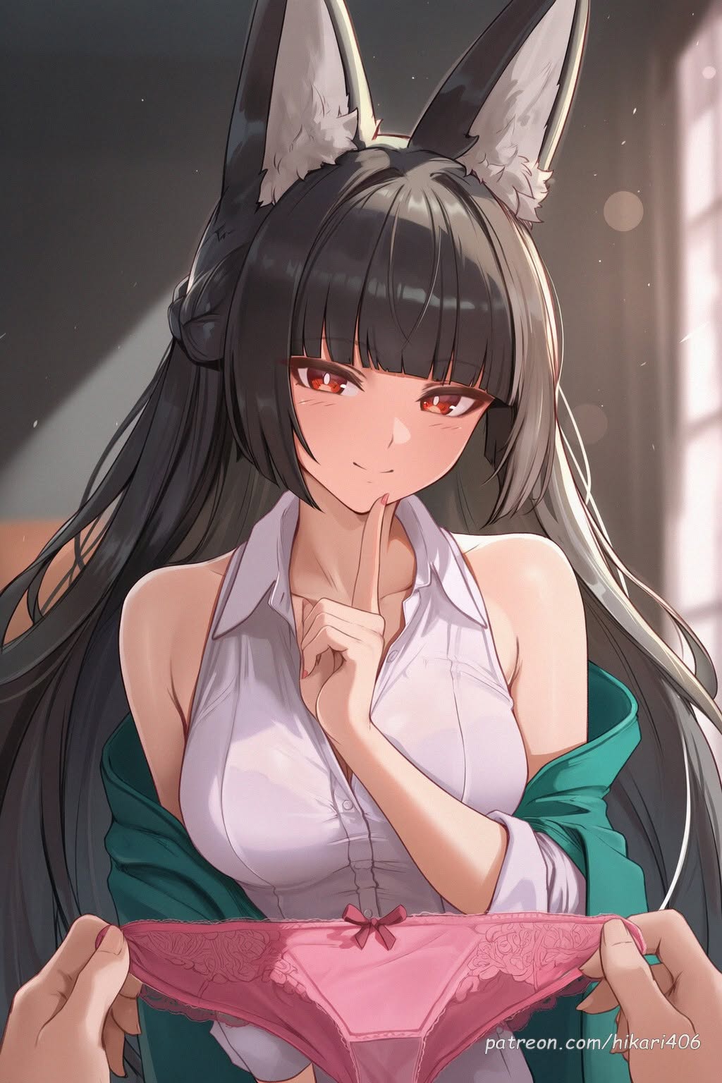 1other, ai generated, ambiguous gender, animal ear fluff, animal ears, bare shoulders, black hair, blunt bangs, blurry background, blush, bow, bow panties, braid, breasts, closed mouth, collarbone, collared shirt, female, finger to mouth, fox ears, fox girl, green jacket, hikari406, holding, holding clothes, holding panties, holding underwear, hoshimi miyabi, index finger raised, indoors, jacket, large breasts, long hair, looking at viewer, off shoulder, panties, pink panties, pov, pov hands, red eyes, shirt, shushing, sleeveless, sleeveless shirt, smile, solo focus, uncensored, underwear, unworn panties, upper body, very long hair, white shirt, zenless zone zero