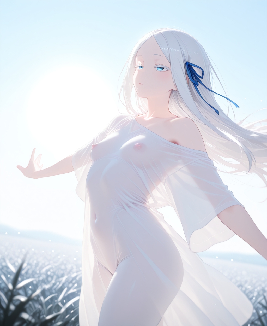 1girls, ai generated, blue hair, bow ribbon, breasts, cute, dkdraven, female, pandora (re:zero), petite, petite body, petite female, re:zero kara hajimeru isekai seikatsu, see-through, see-through clothing, shoulders, small breasts, white hair