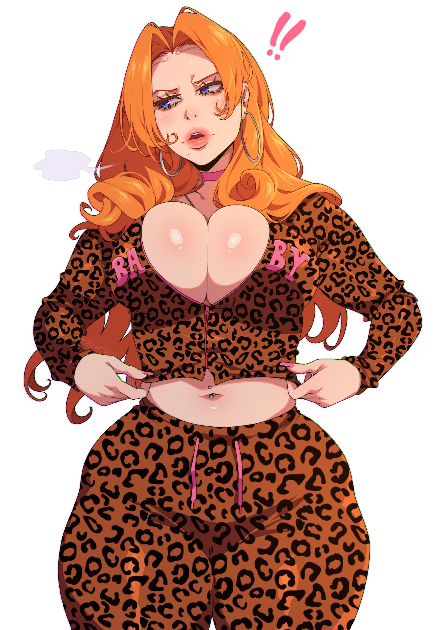 1girls, belly button piercing, big breasts, bleach, blue eyes, breasts, camtheartguy, cheetah print, choker, cleavage, deep navel, earrings, female, female human, female only, full lips, hips, hoop earrings, human, light skin, light-skinned female, long hair, looking to the side, matsumoto rangiku, mature female, navel peek, navel piercing, orange hair, piercing, pink nails, slim waist, solo, solo female, sweatsuit, thick, thick thighs, thighs, wide hips