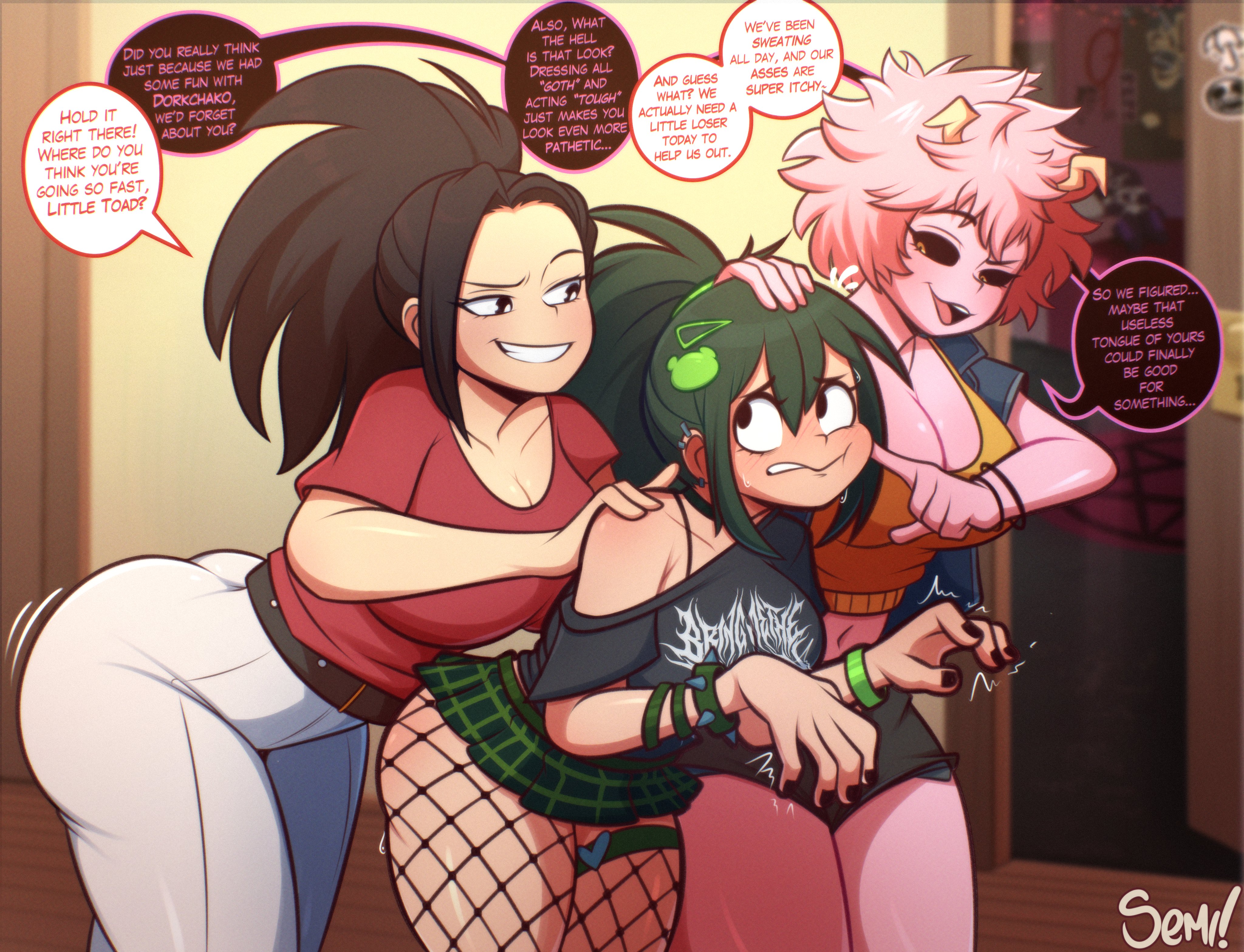 3girls, ashido mina, asui tsuyu, boku no hero academia, bullying, dialogue, female, female only, goth, goth girl, imminent rape, imminent sex, mina ashido, momo yaoyorozu, my hero academia, semidraws, teenager, tsuyu asui, yaoyorozu momo, yuri