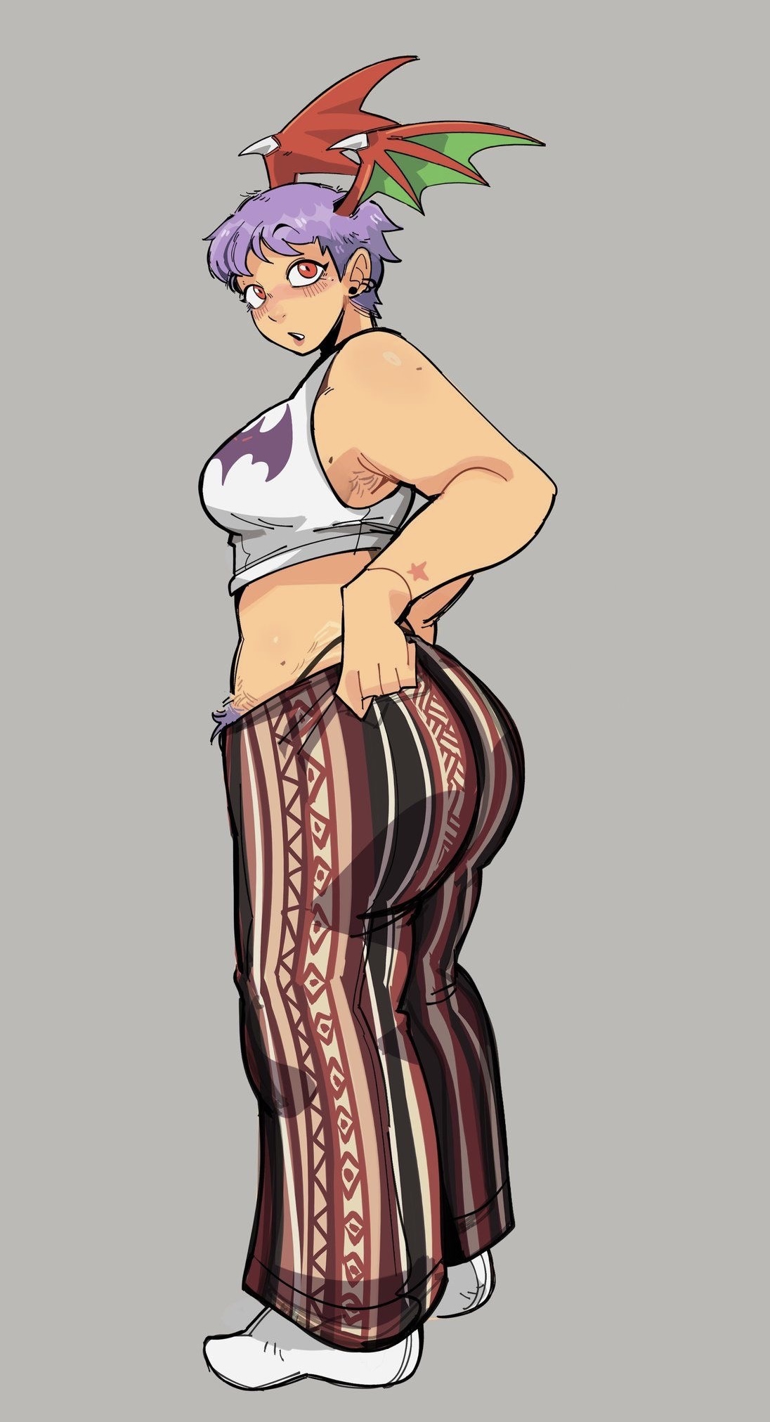 1girls, 2025, 2d, 2d (artwork), 2d artwork, armpit hair, big butt, bush, curvy, darkstalkers, ear piercing, fat ass, female, forbidden pants, girly, lilith aensland, noodleshopkenz, pink eyes, pubic hair, pubic hair peek, purple hair, ramenshopkenz, socks, surprised, surprised expression, t, tank top, thick, very short hair, white skin, white socks, wings on head