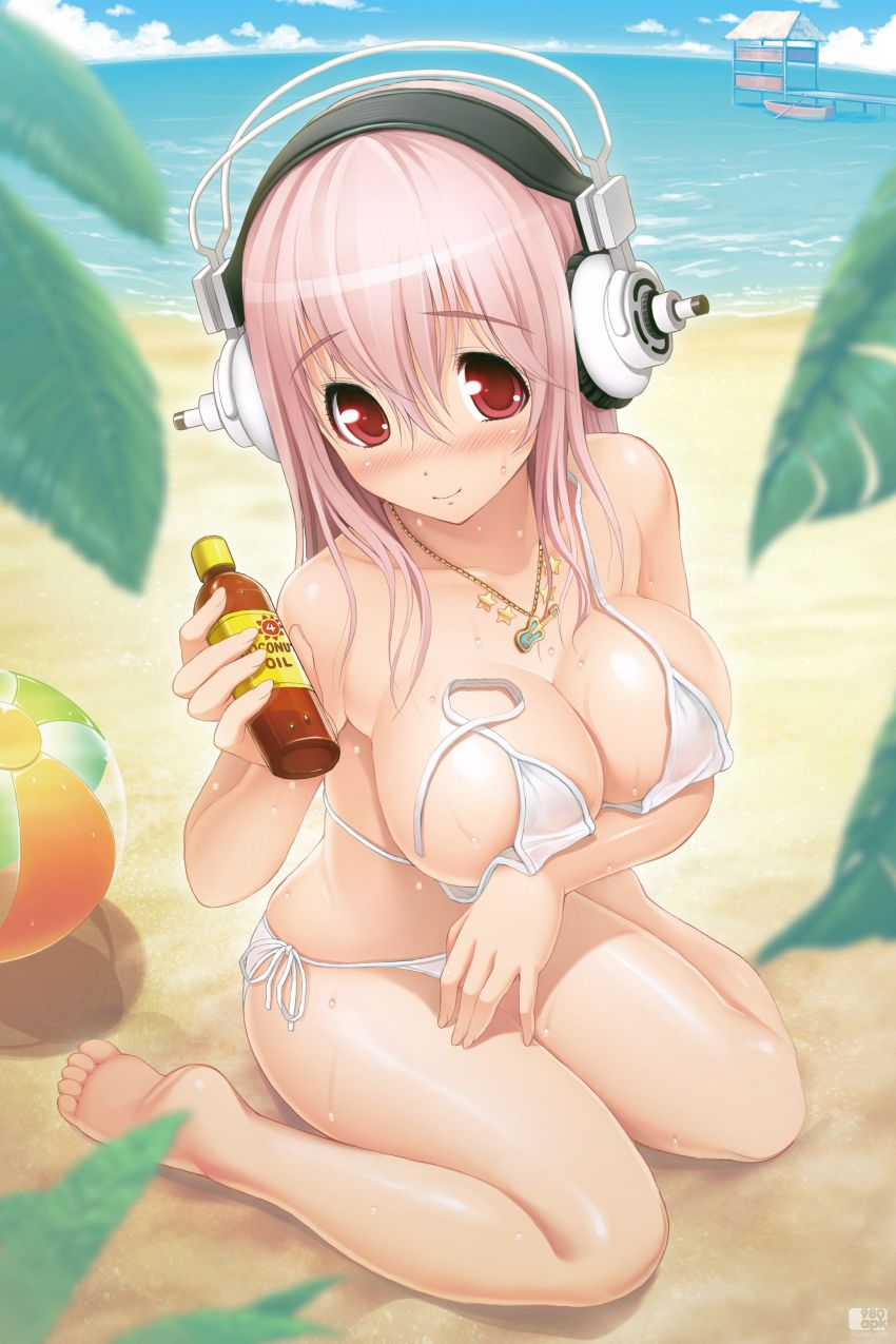 absurdres, ball, barefoot, beach, beachball, big breasts, bikini, blush, body oil, bottle, breasts, curvy, feet, female, full-face blush, headphones, highres, kneeling, large breasts, looking at viewer, loose clothes, nitroplus, official art, oil, outdoors, palm leaf, palm tree, pink hair, shiny skin, sky, smile, super sonico, swimsuit, tagme, thick thighs, thighs, tsuji santa, undone bra, wardrobe malfunction, water, white bikini