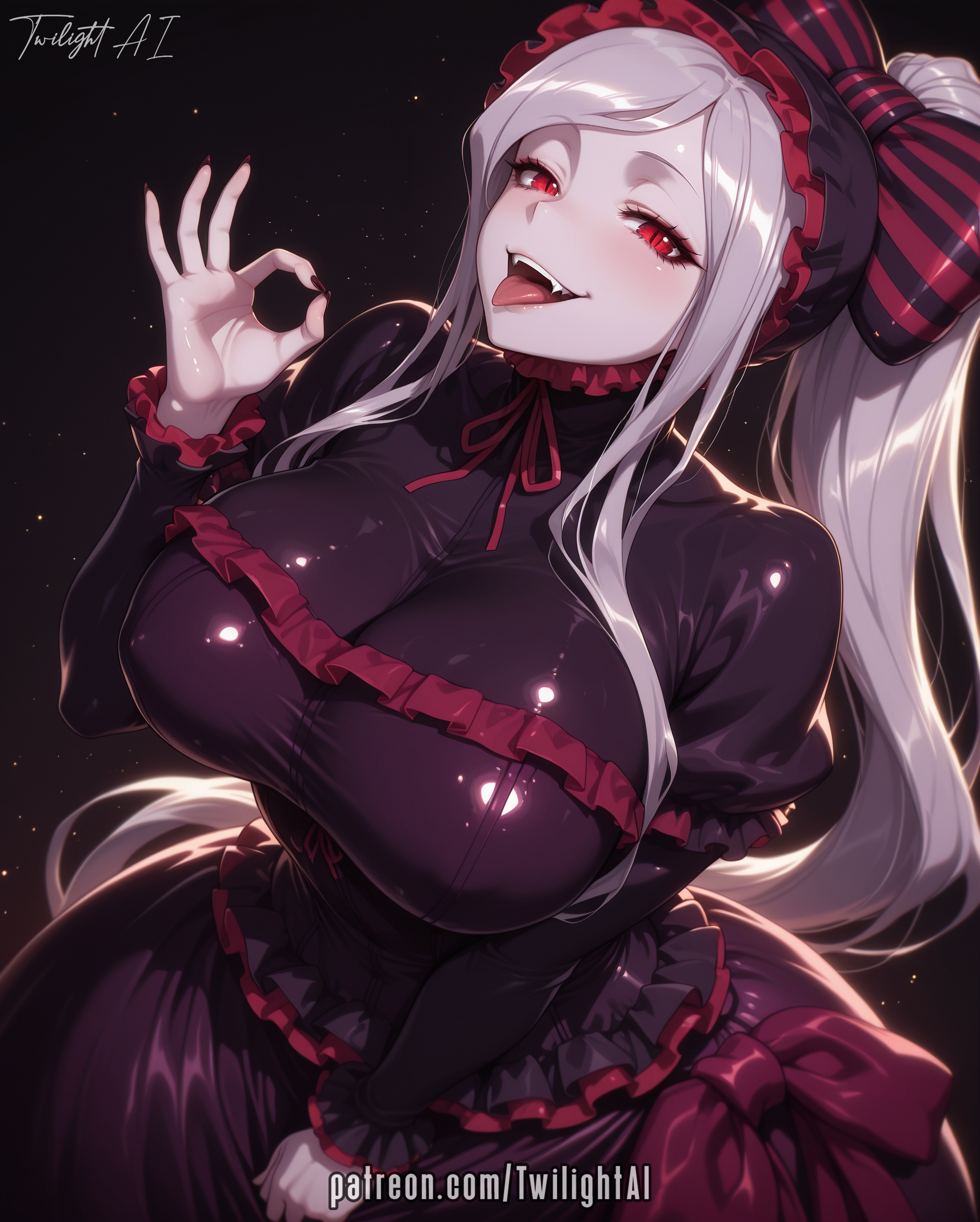 ai art, ai generated, alternate breast size, artist name, black dress, blush, bonnet, bow, breasts, covered nipples, curvy, dress, fangs, fellatio gesture, female, frilled dress, frilled sleeves, frills, gothic lolita, grey hair, hair, huge breasts, large breasts, lolita fashion, long hair, long sleeves, looking at viewer, more at source, nail polish, open mouth, overlord (maruyama), pale skin, patreon username, ponytail, puffy sleeves, purple dress, red eyes, ribbon, sexy, shalltear bloodfallen, shiny clothes, sidelocks, simple background, slit pupils, smile, solo, striped bow, teeth, thicc, thicc thighs, thick thighs, thighs, tongue, tongue out, twilightai, vampire, very long hair, white hair