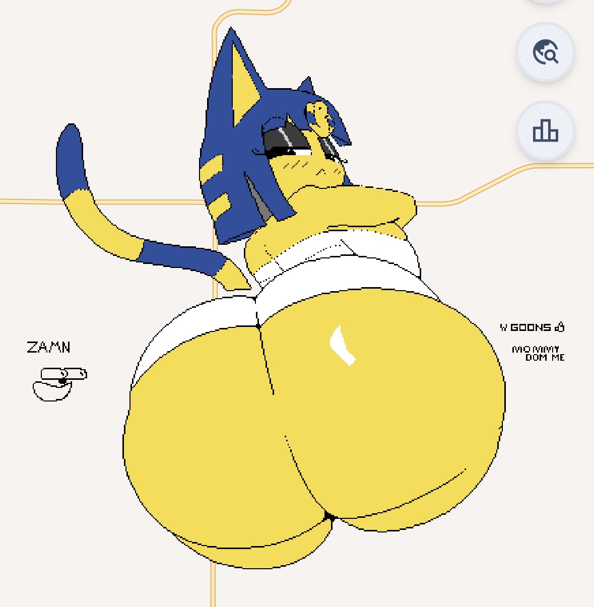 1girls, 25circle, animal crossing, ankha, anthro, ass, big ass, big breasts, blue hair, blush, breasts, bubble butt, cat ears, female, furry, huge ass, huge breasts, hyper ass, looking back, pixel art, tail, thick thighs, wide hips, wplace, yellow fur