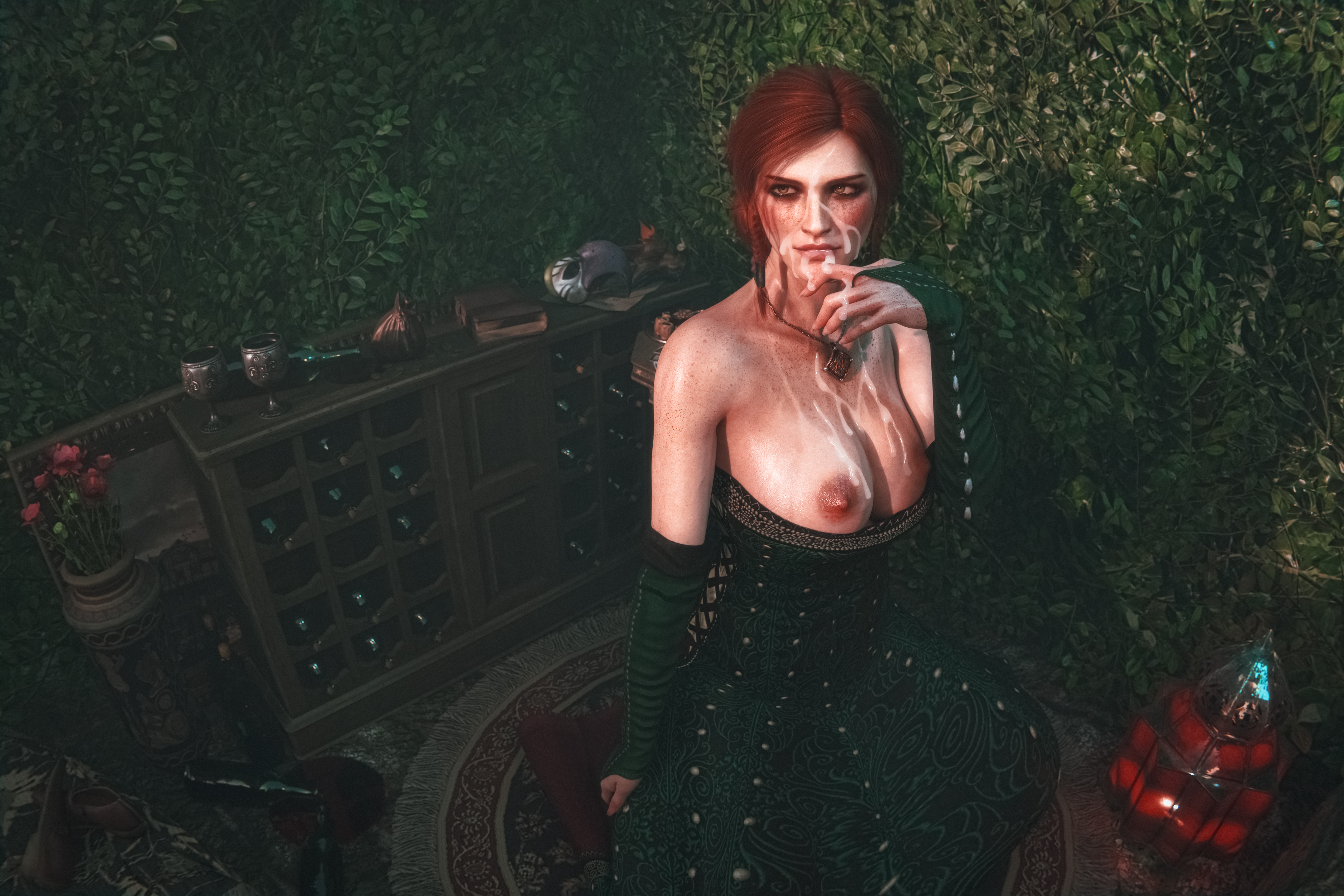 3d, after fellatio, after oral, breasts, cd projekt red, ceeeeekc, cum, cum in mouth, cum on face, female, freckles, green dress, light-skinned female, mascara, necklace, nipples, red hair, the witcher (series), the witcher 3: wild hunt, triss merigold