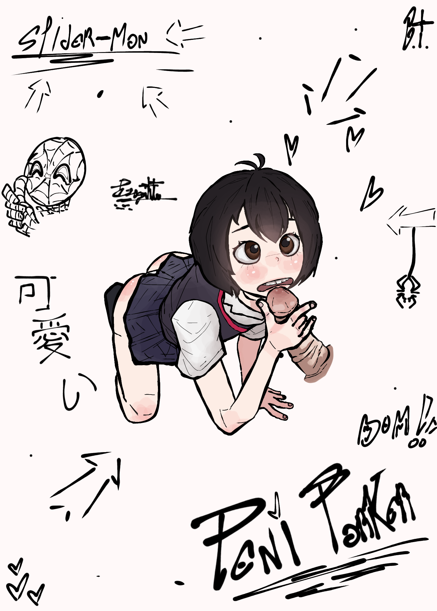 1girls, black hair, brown eyes, fellatio, female, marvel, marvel comics, panties, peni parker, short skirt, shy, spider-man: into the spider-verse