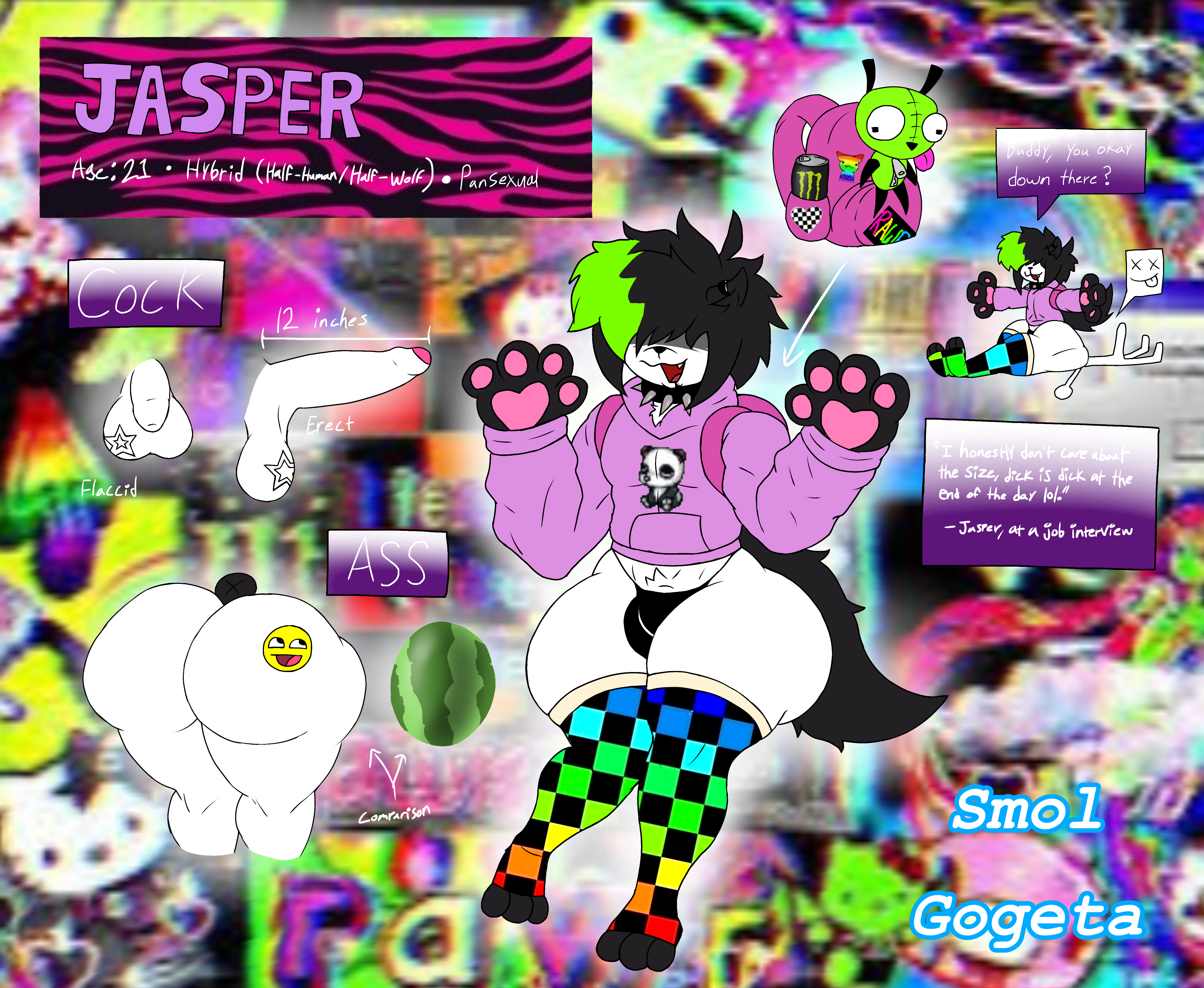 anthro, big ass, big penis, covered eyes, facesitting, femboy, jasper (smol gogeta), male, original character, penis, scene, scene hair, sm0ls c0ck, tagme, watermelon