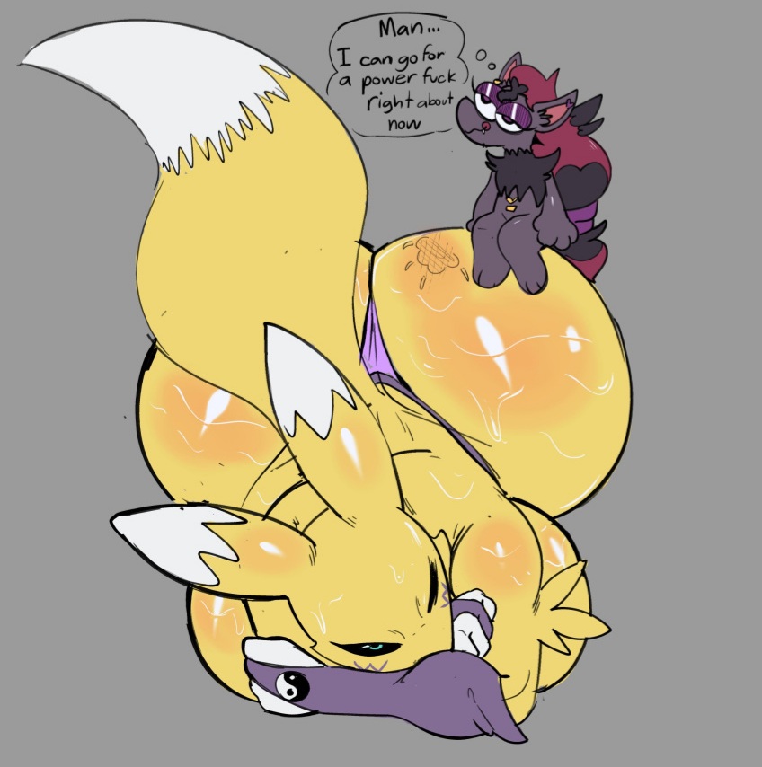 anthro, ass, ass up, bandai namco, big breasts, breasts, canid, canine, clothing, digimon, digimon (species), dipstick tail, duo, english text, female, fur, game freak, generation 5 pokemon, huge butt, lover (coldfrontvelvet), mammal, markings, multicolored hair, nintendo, pokemon, pokemon (species), profanity, redmoon83, renamon, tagme, tail, tail markings, text, thong, underwear, white body, white fur, yellow body, yellow fur, zoroark