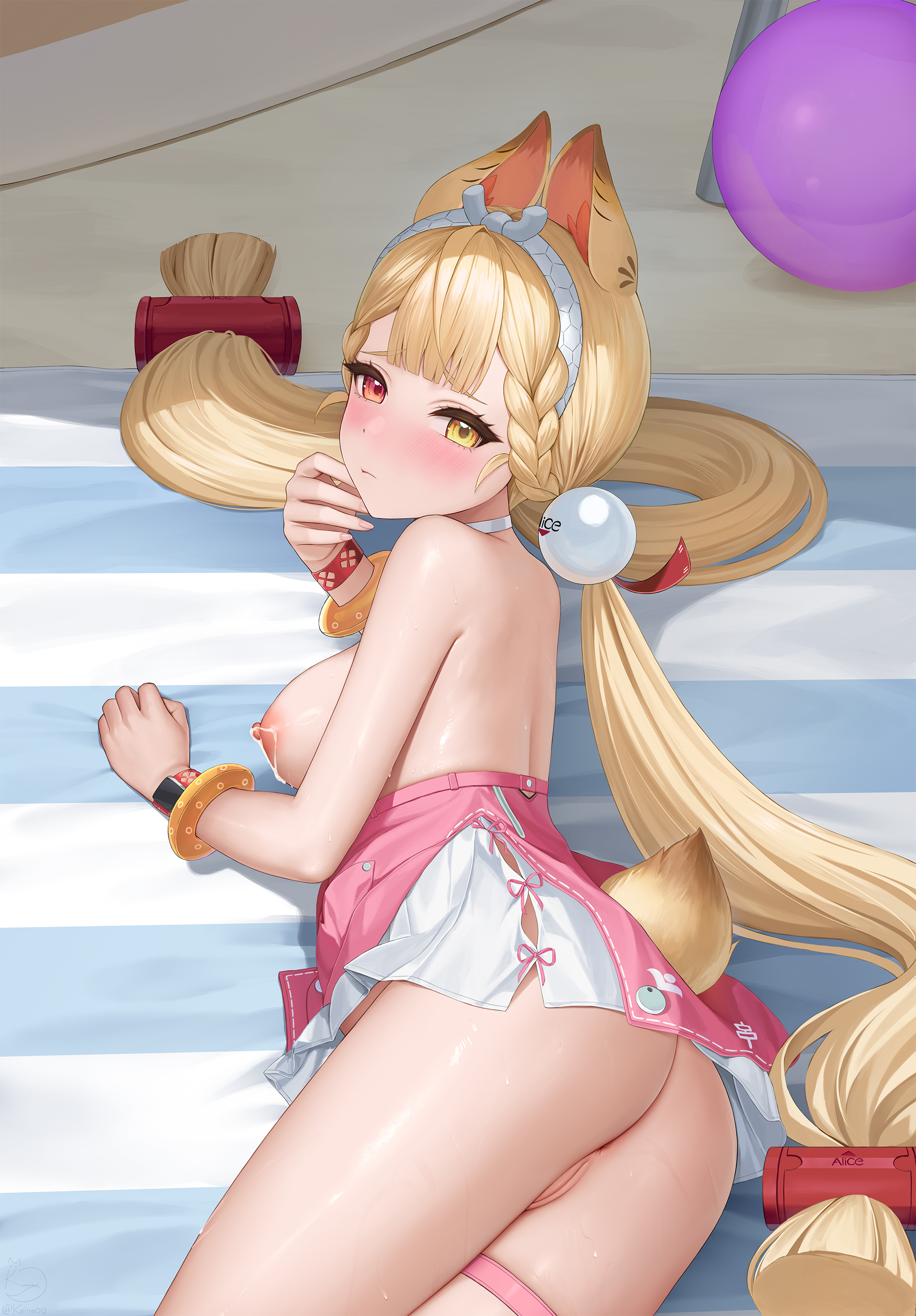 absurdres, alice thymefield, alice thymefield (sea of thyme), animal ears, ass, bare shoulders, beach ball, blonde hair, blush, bracelet, braid, breasts, choker, commentary request, female, from behind, frown, hairband, heterochromia, highres, jewelry, keine09, lactation, large breasts, long hair, looking at viewer, looking back, low twintails, lying, my lady, nipples, no bra, no panties, nose blush, official alternate costume, on side, one-piece swimsuit, pregnant, pussy, rabbit ears, red eyes, solo, swimsuit, thigh strap, thighs, twintails, uncensored, very long hair, video game character, wet, white choker, yellow eyes, zenless zone zero