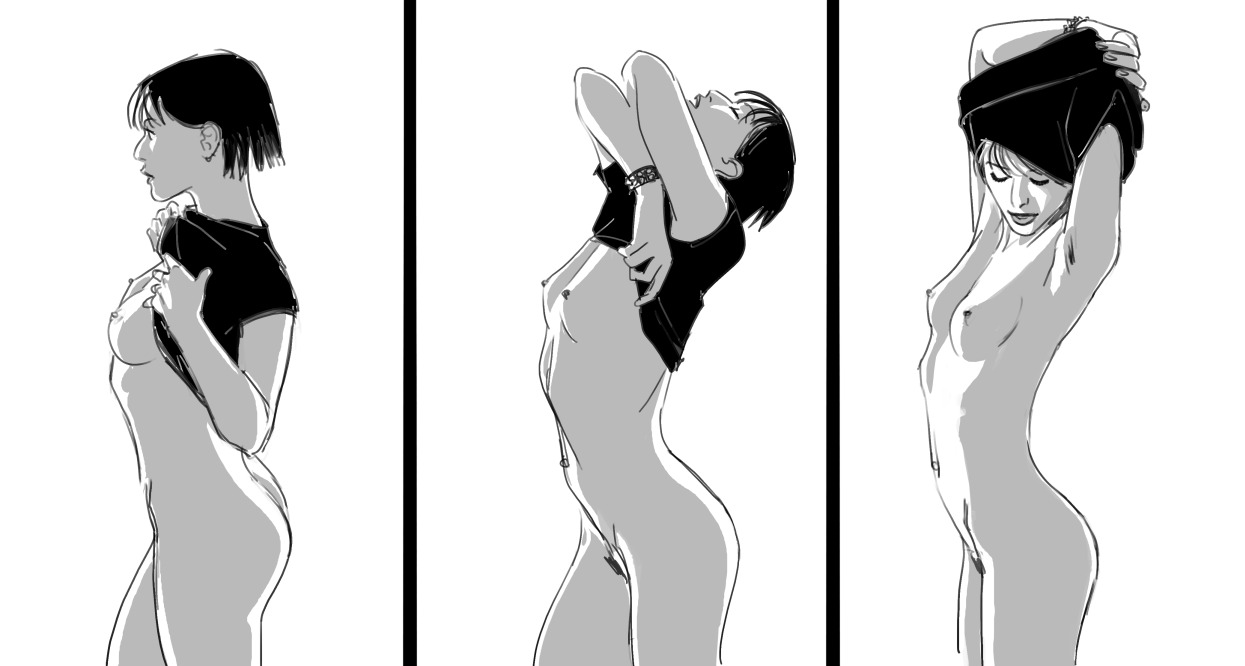 3 panel comic, ass, au (artist), black and white, black hair, bottomless, breasts, erect nipples, female, female pubic hair, natalia (au), nipples, short hair, side view, small breasts, stripping