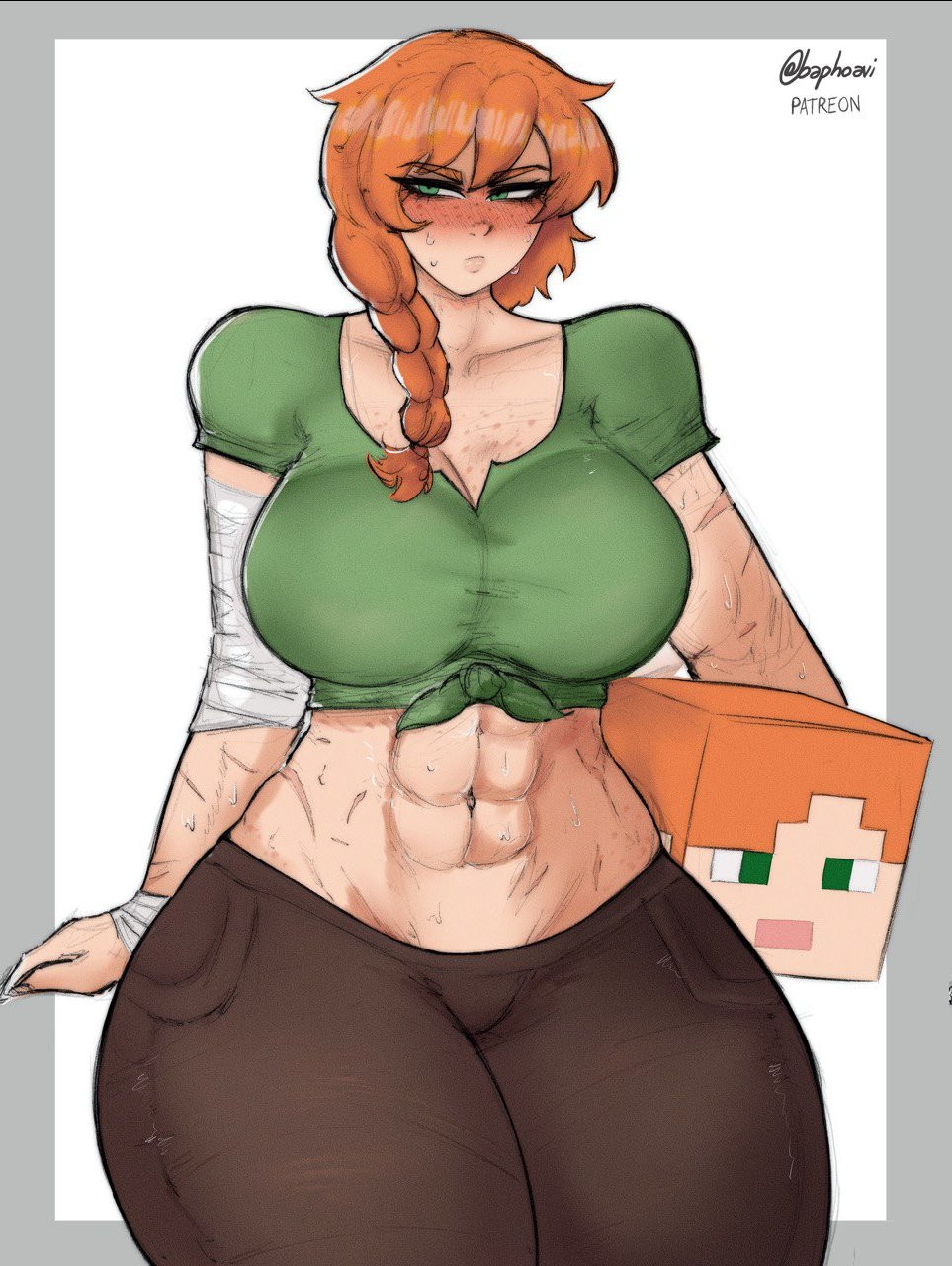 1girls, abs, alex (minecraft), ass, avoiding eye contact, bandage, bandaged arm, bandages, baphoavi, big thighs, blush, blush lines, blushed face, blushing female, blushing profusely, braid, braided hair, braided ponytail, cropped legs, curvaceous, curvaceous ass, curvaceous body, curvaceous female, curvaceous figure, curvaceous hips, curvaceous thighs, curvy, curvy body, curvy female, curvy figure, curvy hips, curvy thighs, enormous thighs, female, female focus, female only, fit, fit female, freckles, freckles on chest, freckles on face, gigantic thighs, green clothing, green eyes, green shirt, heavy blush, huge thighs, large thighs, looking away, mask, massive thighs, meaty thighs, minecraft, mojang, muscular, muscular female, orange hair, scar, scars, scars all over, scars on arm, skull crushing thighs, slim waist, solo, solo female, solo focus, sweat, sweatdrop, sweaty, thick hips, thick legs, thick thighs, thin waist, thunder thighs, wide hipped female, wide hips