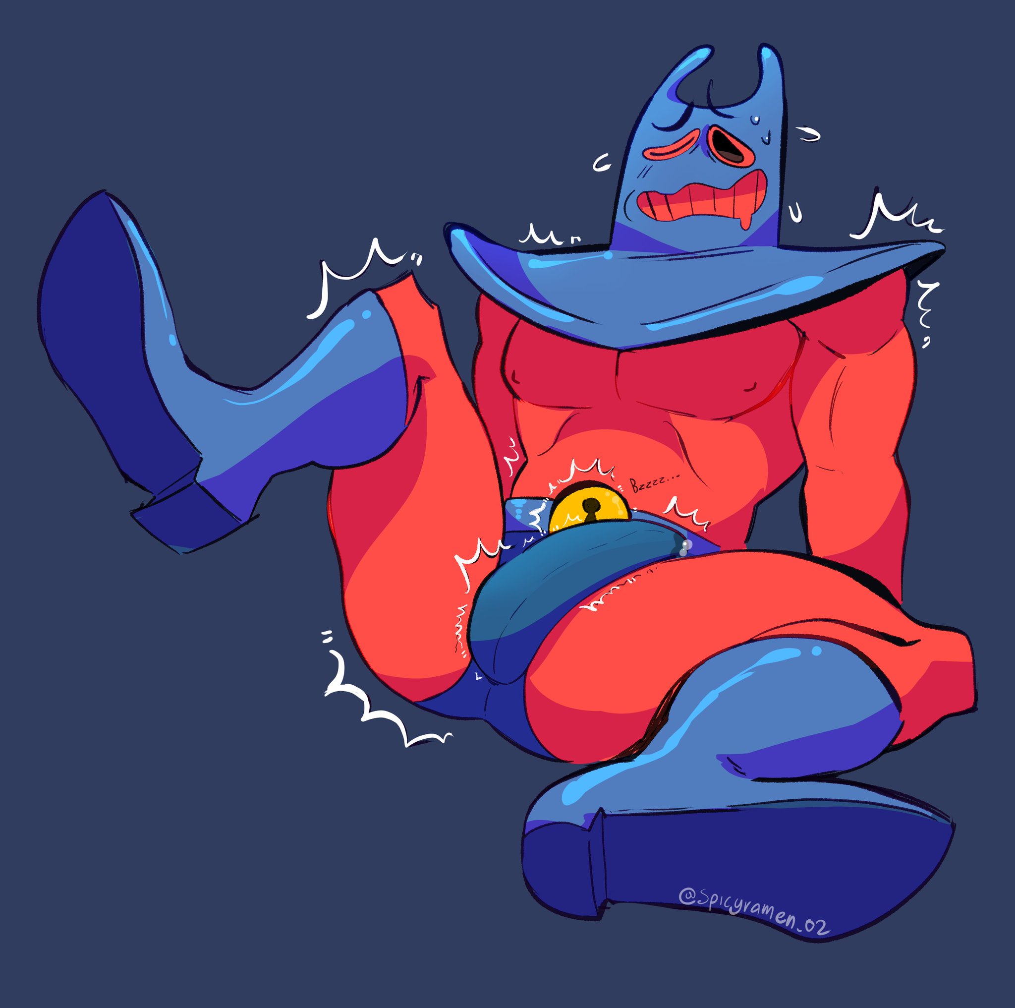 1boy, belt, blue belt, blue boots, blue mask, blue speedo, bulge, clothing, erection, full body, gay, leg up, male, male only, man ray, mask, mature, mature male, nickelodeon, red clothing, sitting, solo, solo focus, solo male, spicyramen, spongebob squarepants, sweat, tickle, tickle fetish, tickle torture, unseen male face, vibrating, villain
