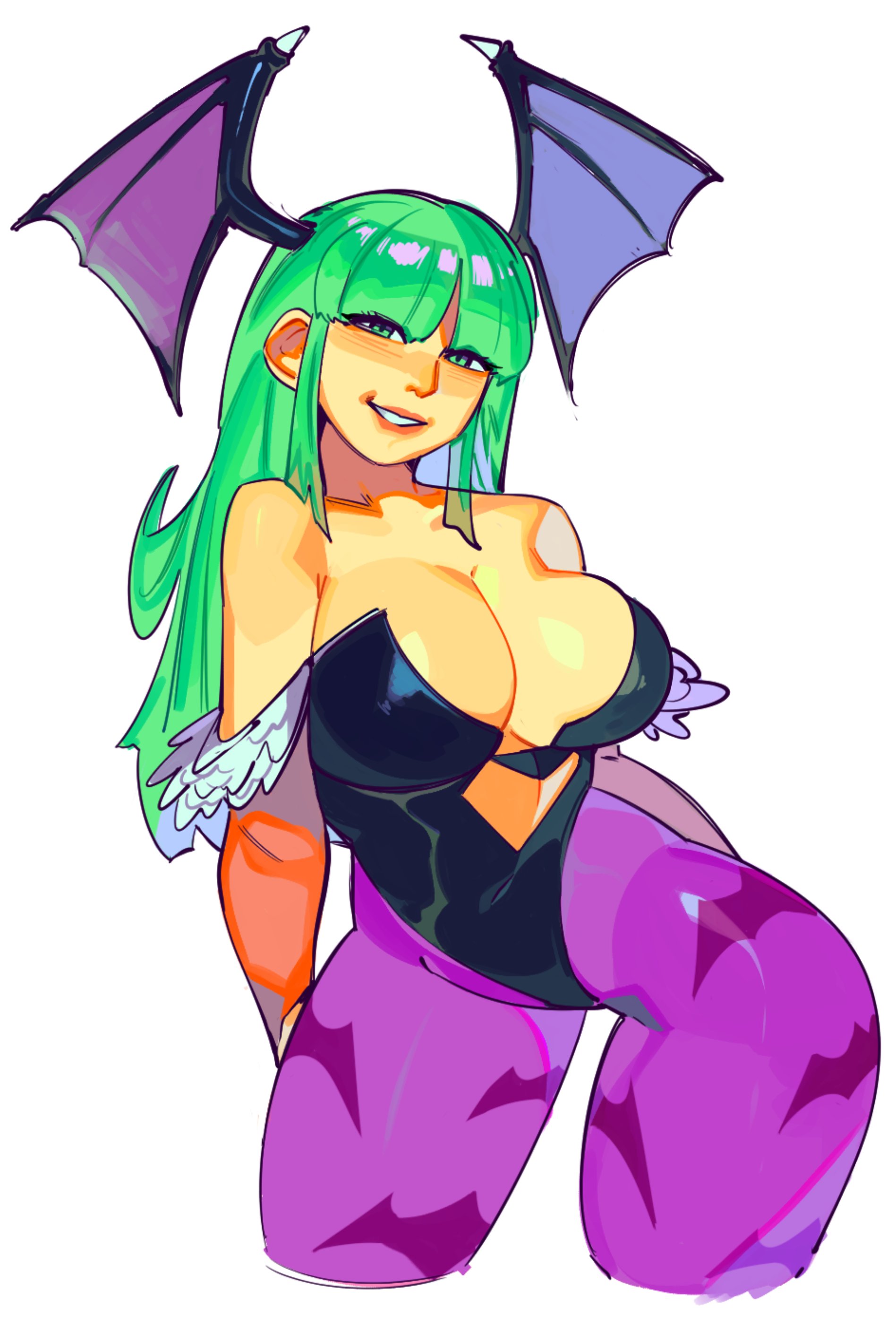 1girls, bat print, big breasts, breasts, capcom, cleavage, clothed, clothed female, clothing, darkstalkers, female, female only, green eyes, green hair, long hair, morrigan aensland, ryota ravioli, smile, smiling, solo, solo female, succubus, thick thighs, thighs