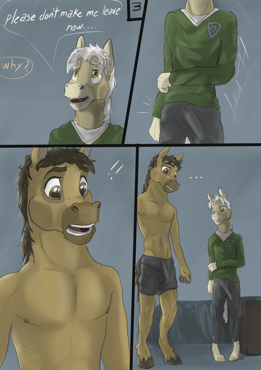 age_difference anthro bed bedroom brown_body brown_eyes clothing dialogue duo ears_up embarrassed equid equine erection erection_under_clothing excited eye_contact furniture hi_res horse looking_at_another male male/male mammal school_uniform standing uniform wolfyalex96