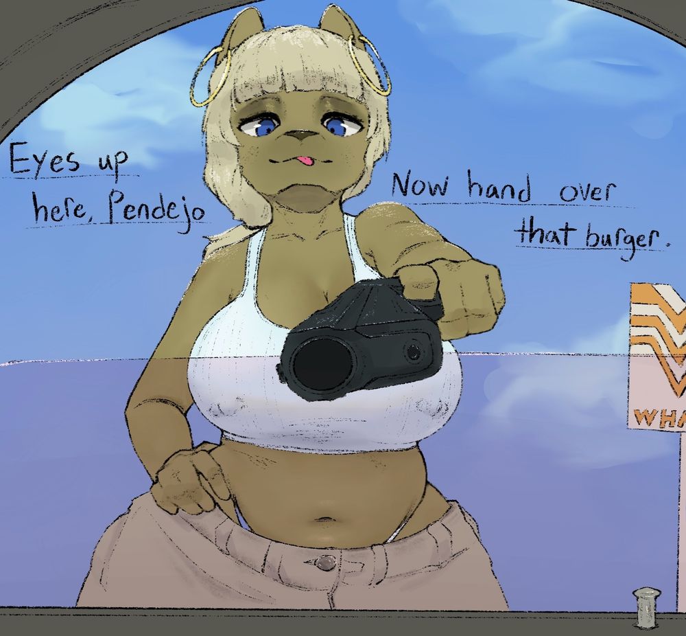 1:1 2024 5_fingers anthro belly big_breasts blue_eyes bottom_heavy_femboy breasts brown_body brown_fur busty_boy car_door car_window chola_neeno_(character) cleavage colored crop_top dialogue digital_drawing_(artwork) digital_media_(artwork) domestic_cat ear_piercing ear_ring english_text felid feline felis femboy fingers first_person_view flaccid fur genitals gun gynomorph gynomorph_(lore) hair hand_on_hip handgun hi_res holding_gun holding_object holding_ranged_weapon holding_weapon intersex looking_at_viewer male_(lore) mammal narrowed_eyes navel neeno neeno_(character) nipple_bulge nipple_piercing nipple_piercings_under_clothes nipples piercing pistol pointing_gun pointing_gun_at_viewer ranged_weapon ring_piercing shaded solo talking_to_viewer tan_hair tank_top text thick_thighs thong_straps tongue tongue_out weapon whataburger wide_hips