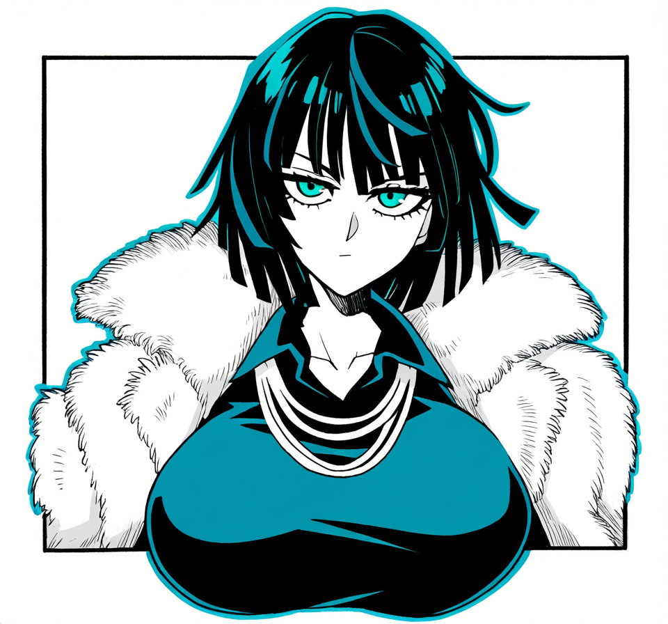 ai_generated big_breasts black_hair bob_cut bored bored_expression clothed clothed_breasts clothed_female fubuki_(one-punch_man) fur fur_coat green_eyes huge_breasts large_breasts looking_at_viewer necklace one-punch_man round_breasts short_hair