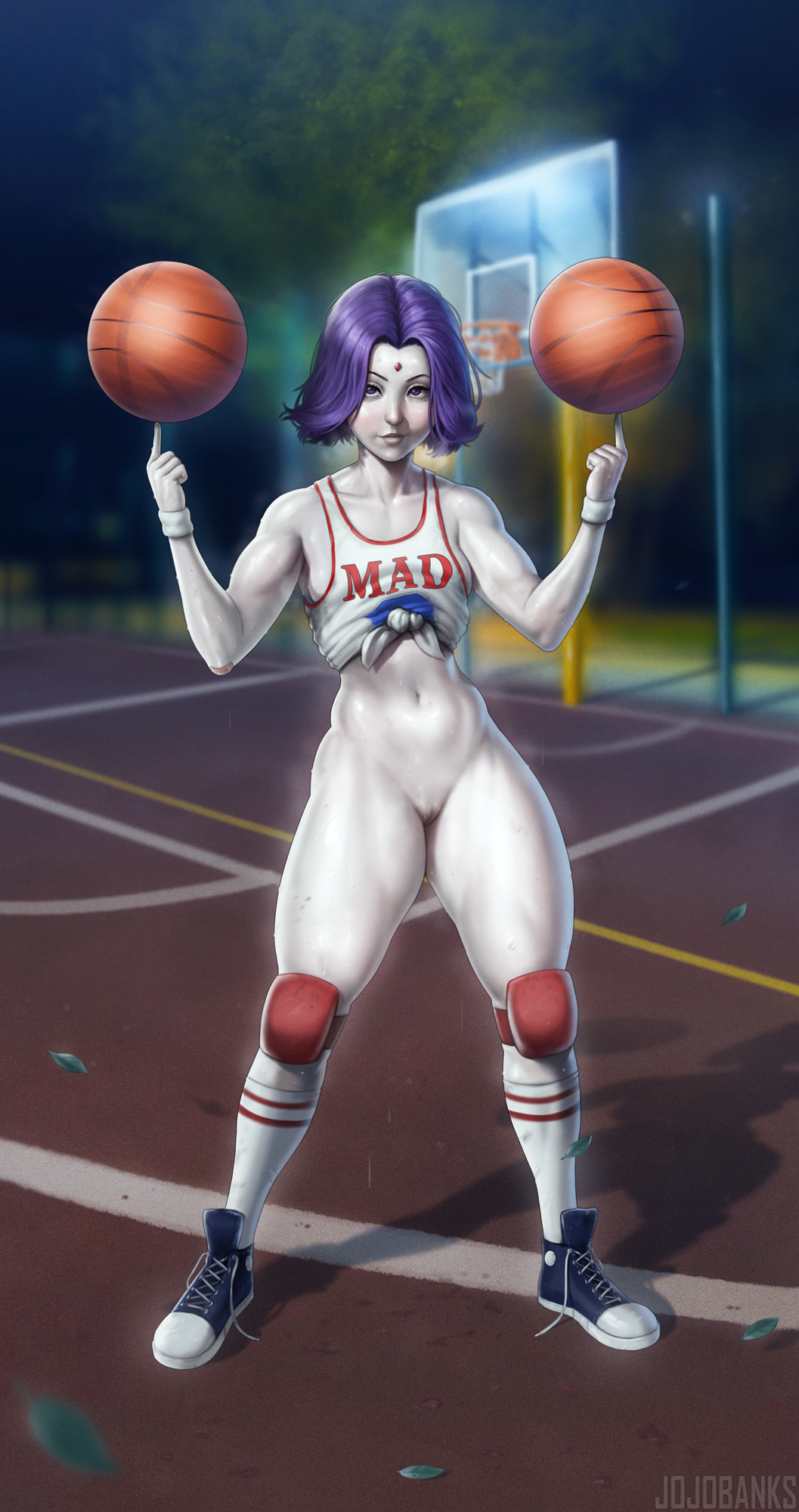 baseball_uniform basketball basketball_(ball) basketball_court bottomless bottomless_female dc dc_comics jojobanks looking_at_viewer muscular_female muscular_thighs night pale_skin public public_exposure public_nudity purple_eyes purple_hair raven_(dc) short_hair small_breasts smile smiling sneakers solo_female sweat sweating teen_titans teenage_girl thick_thighs tomboy