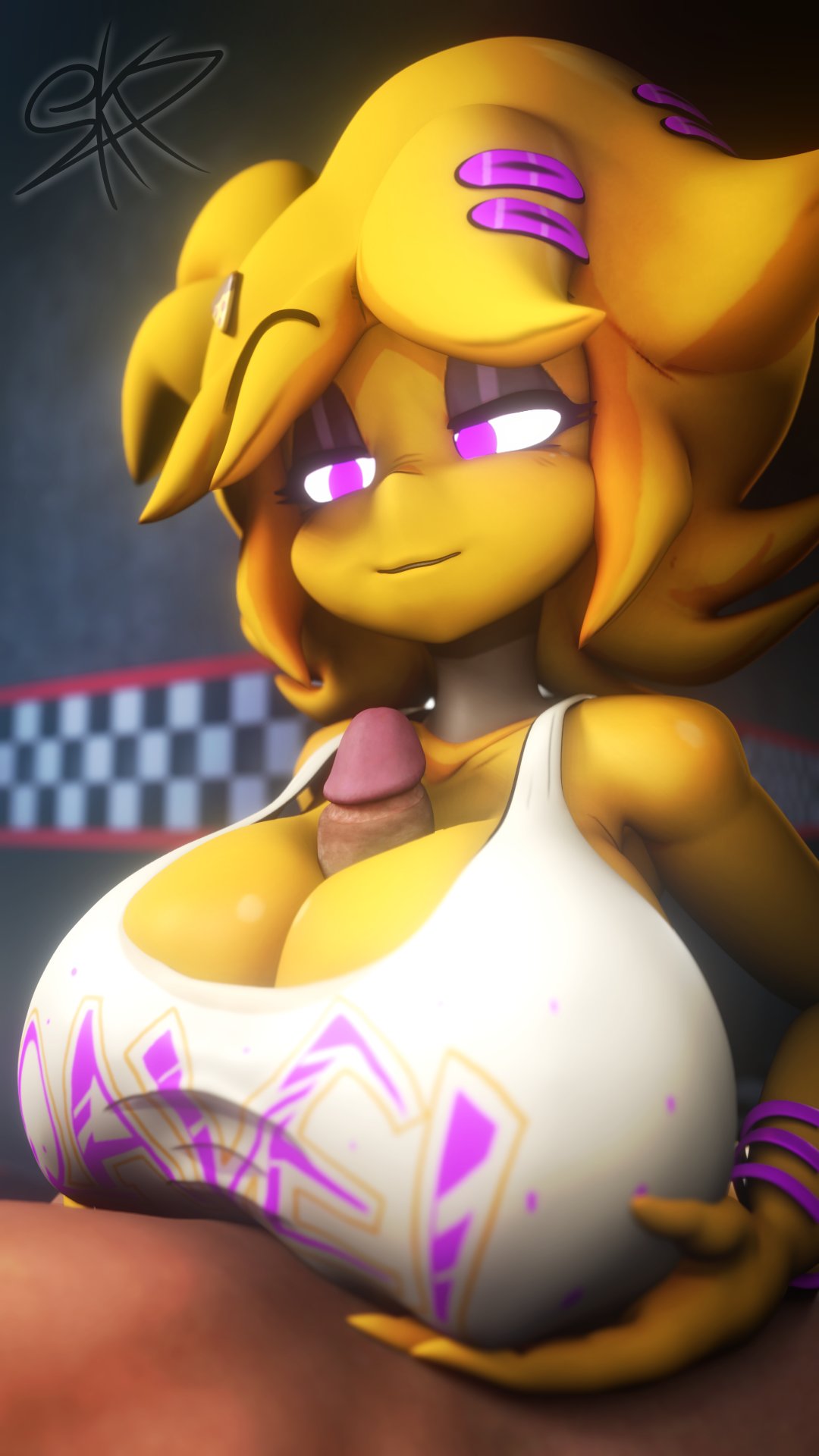 3d 3d_(artwork) animatronic bedroom_eyes big_breasts breasts cally3d chica_(cally3d) chica_(fnaf) chiku chiku_(cryptia) clazzey cleavage cryptiacurves fazclaire's_nightclub female five_nights_at_freddy's fnaf fredina's_nightclub hand_on_breast hi_res huge_breasts looking_at_penis nipple_bulge paizuri paizuri_under_clothes penis pink_eyes scottgames skelexx skxx_elliot smile straight titjob yellow_body