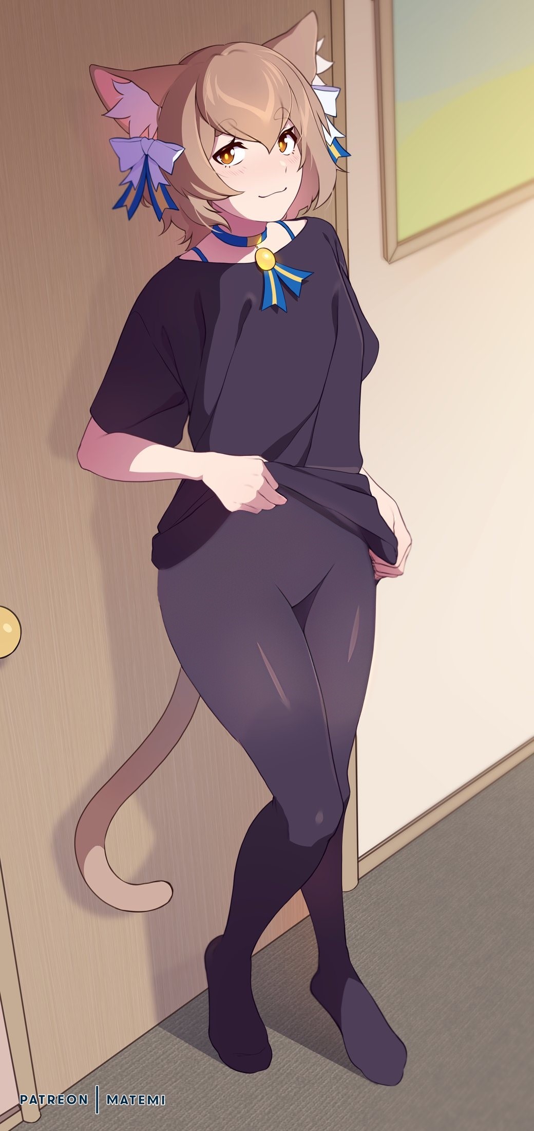 1boy ai_generated black_leggings black_shirt blush blushing brown_hair cat_ears clothed cuntboy edited felix_argyle intersex looking_at_viewer orange_eyes shirt_lift smile solo tail trap