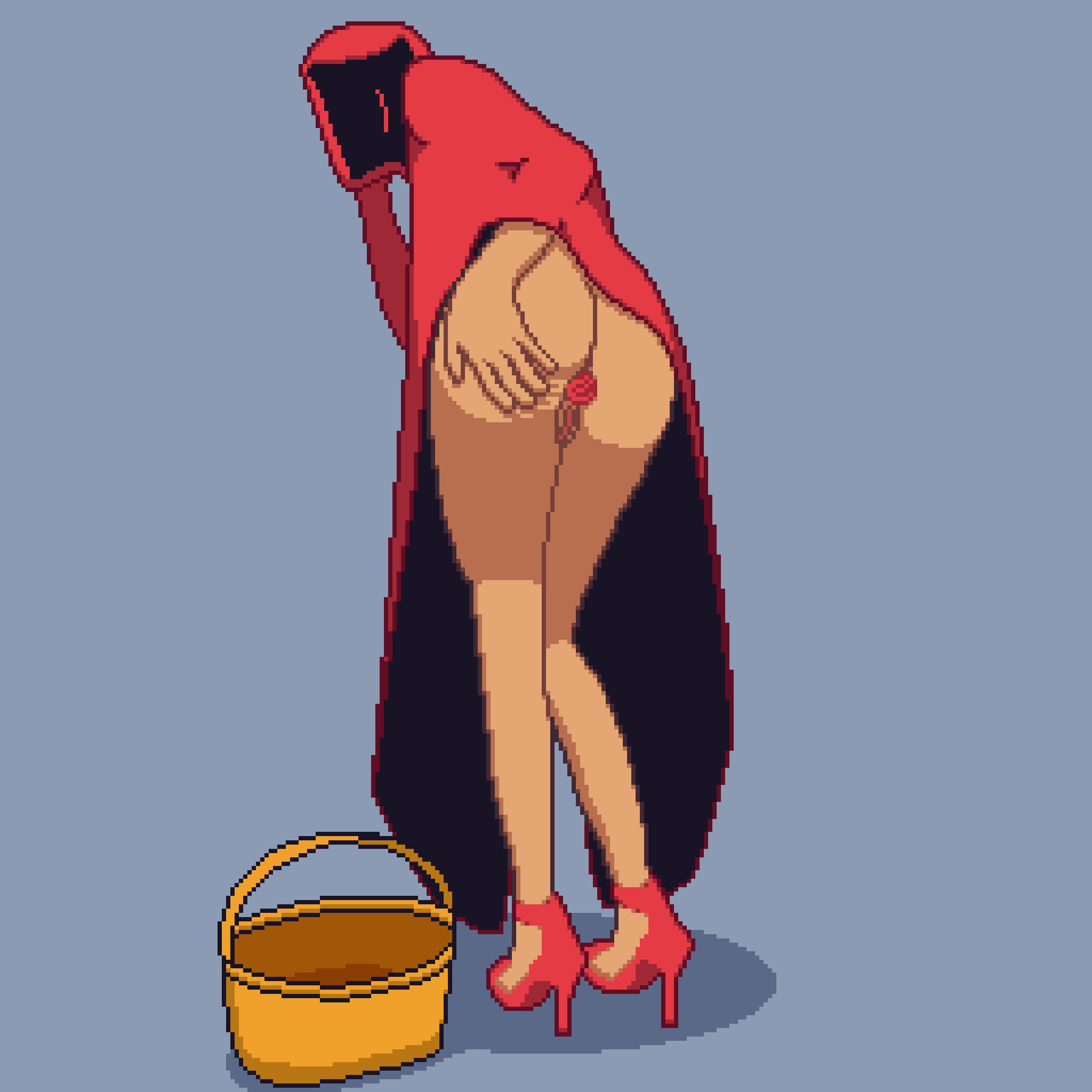 1girls ass basket bending_over brown_skin buttplug female heels hidden_face high_heels hood itsempty labia legs lips magic_survival pixel_art pussy red_clothing robe rose shadow thick_thighs thighs upskirt vagina