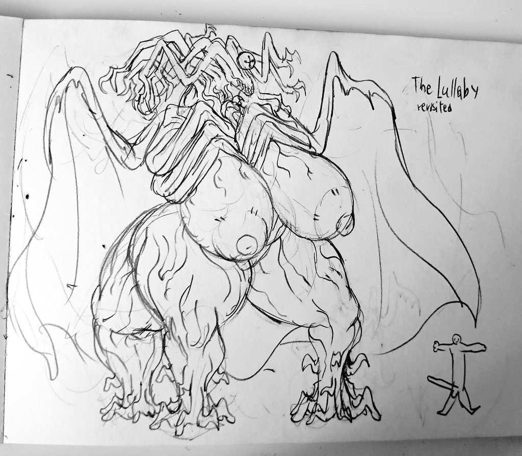 concept_art drawing eldritch_abomination floating_eye giantess gigantic_breasts larger_female monster multi_arm multi_leg multi_limb nipples overweight overweight_female size_difference smaller_male the_lullaby_(zeblackballd) thick_thighs unusual_anatomy wide_hips wing_cape ze_blackball.d zeblackballd_(artist)