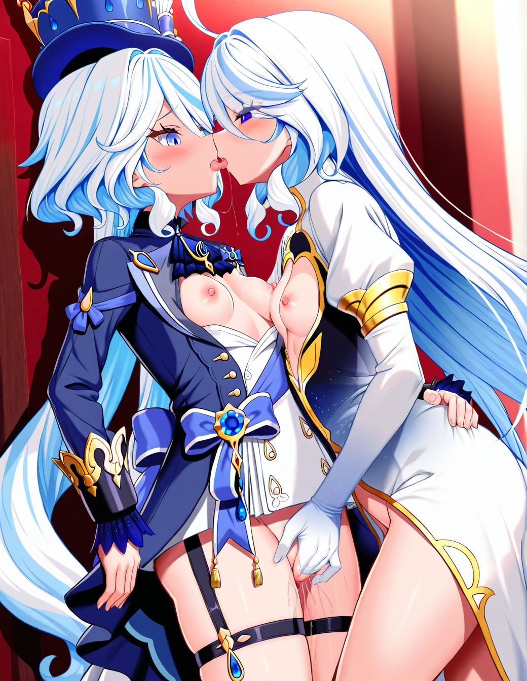 2girls ai_generated blue_eyes blush breast_grab breasts breasts_out costume daughter dress fingering fingers_in_pussy focalors_(genshin_impact) furina_(genshin_impact) genshin_impact gloves grabbing grabbing_breasts hand_on_breast hand_on_hip hat incest kissing lesbian_kiss lesbian_sex light_blue_hair long_hair long_sleeves looking_at_another mother mother_and_daughter multicolored_hair nipples open_mouth pussy pussy_juice saliva sex small_breasts susus_bakus tongue tongue_out vaginal_penetration yuri yuri