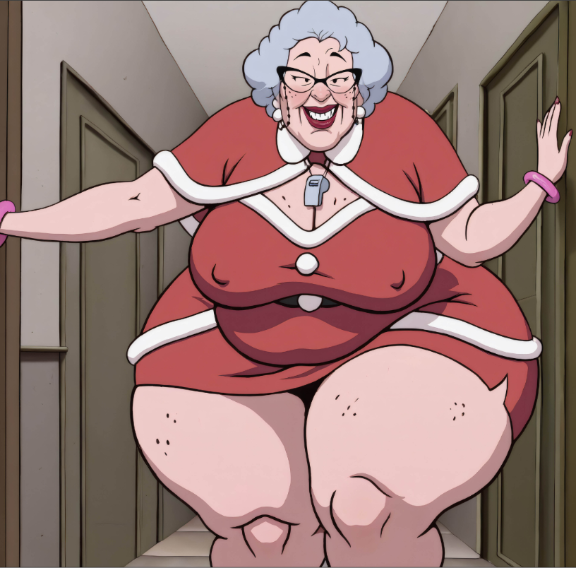 bbw braless chubby_belly erect_nipples gilf glasses grandmother granny grey_hair hard_nipples huge_ass huge_breasts liver_spots matronai_(artist) mature mature_female muriel_finster obese obese_female old_woman recess red_lipstick santa_costume short_skit smiling solo_female solo_focus teacher thick_ass thick_thighs tight_clothing tight_fit