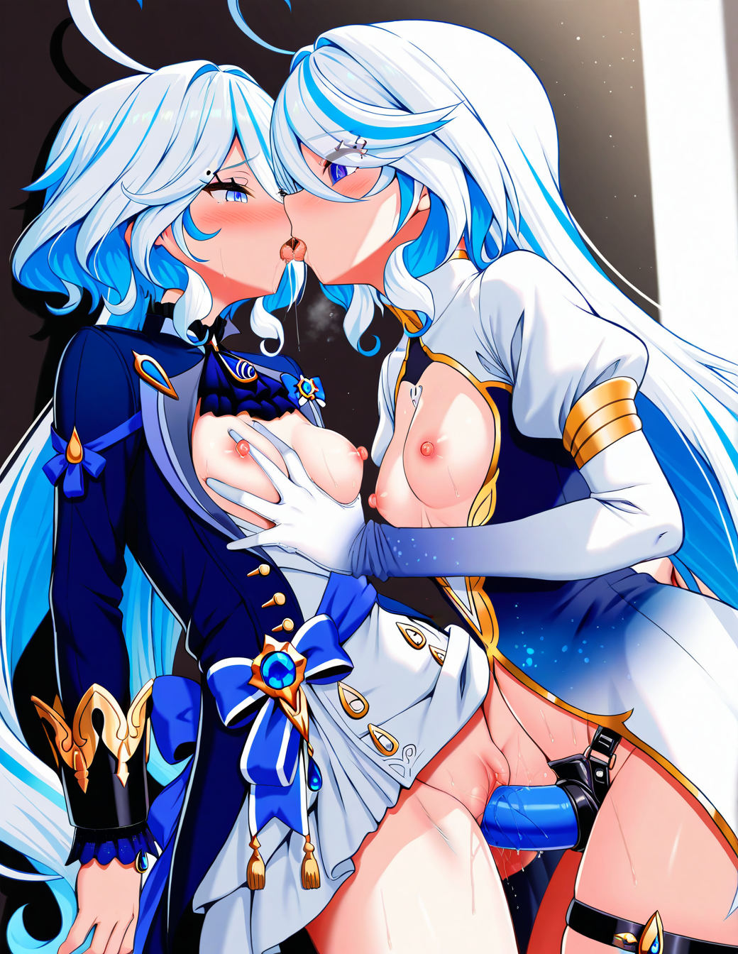 2girls ai_generated blue_eyes blush breast_grab breasts breasts_out costume dildo dildo_in_pussy dress female focalors_(genshin_impact) furina_(genshin_impact) genshin_impact gloves grabbing grabbing_breasts hand_on_breast hand_on_hip hat incest kissing lesbian_kiss lesbian_sex light_blue_hair long_hair long_sleeves looking_at_another milf mother_and_daughter multicolored_hair nipples open_mouth pussy saliva sex sex_from_behind small_breasts strap-on susus_bakus tongue tongue_out vaginal_penetration yuri