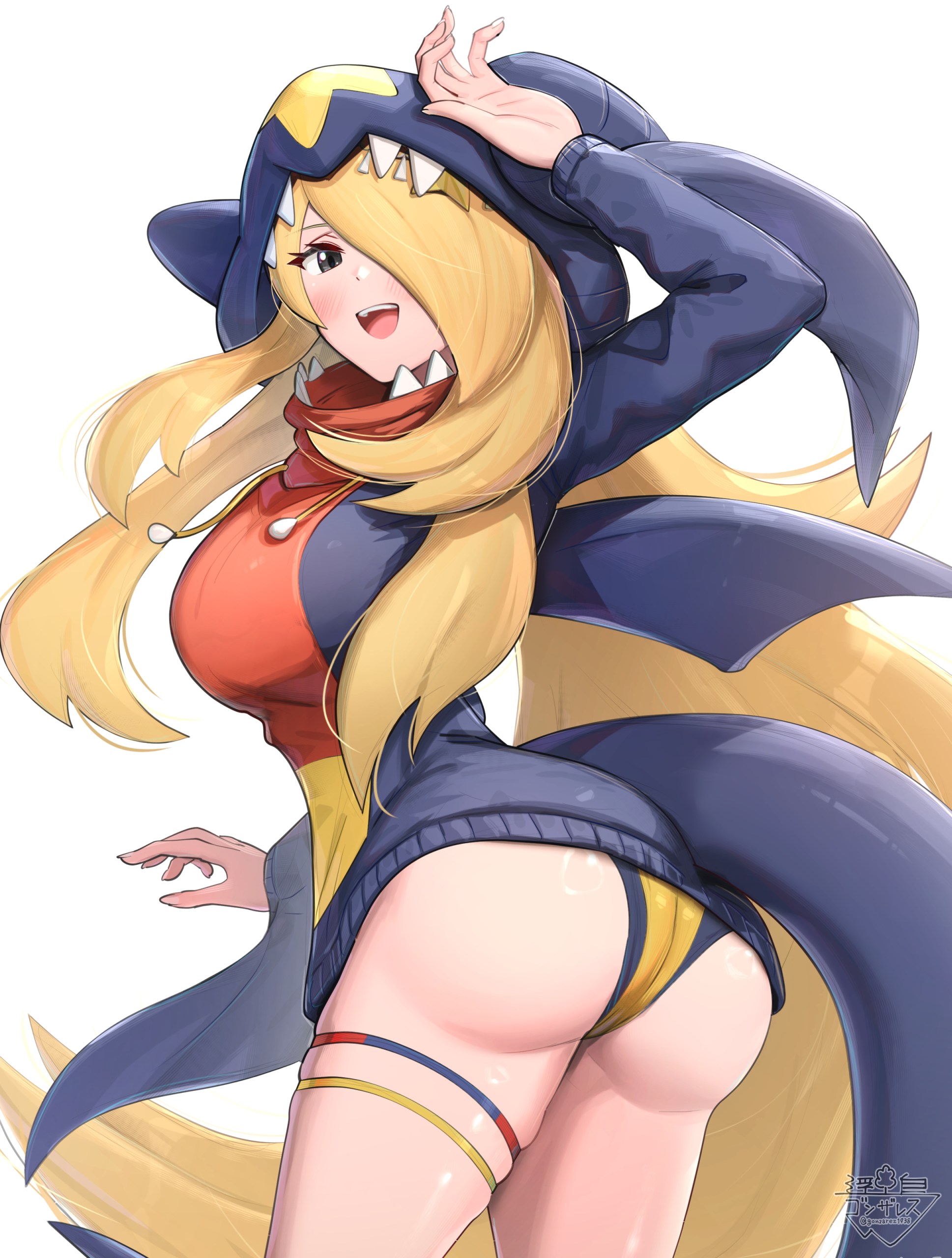 1girls, absurdres, ass, blonde hair, blush, breasts, cosplay, cynthia (pokemon), fangs, female, female only, fins, game freak, garchomp, garchomp (cosplay), gen 4 pokemon, gonzarez, grey eyes, hair ornament, hair over one eye, highres, hood, hood up, hoodie, large breasts, long hair, looking at viewer, nintendo, one-piece swimsuit, open mouth, pokemon, pokemon (cosplay), pokemon dppt, simple background, smile, solo, swimsuit, teeth, thigh strap, upper teeth only, very long hair, white background