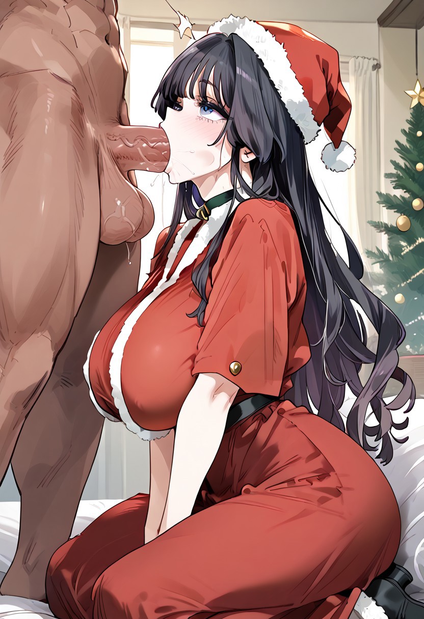 1boy ai_generated big_balls big_breasts black_hair blowjob deepthroat female female huge_cock indoors kaoru_hana_wa_rin_to_saku long_hair r_a_v_i_e_l santa_costume sex side_view waguri_kaoruko