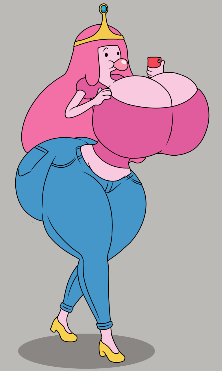 adventure_time artstyle_imitation ass_bigger_than_head blowing_bubblegum blue_jeans bonnibel_bubblegum breasts_bigger_than_head bubblegum cartoon_network casual cellphone crown heels holding_breast hourglass_figure hyper jeans long_hair looking_at_phone pink_hair pink_shirt pink_skin princess_bubblegum stomach_bulge tall_female walking yellow_heels