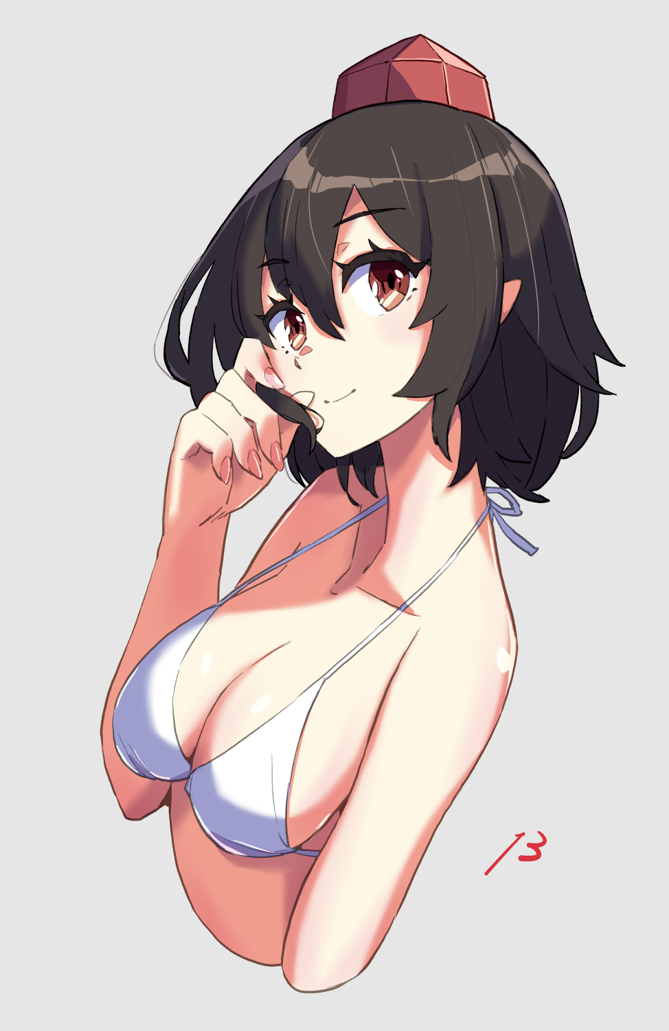 bikini black_hair brown_eyes female grey_background hat jack74959 shameimaru_aya smile touhou