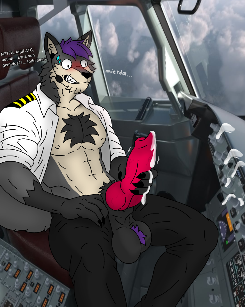 aircraft airplane animal_genitalia animal_penis anthro balls big_balls bodily_fluids body_hair canid canine canine_genitalia canine_penis canis caught_in_the_act caught_masturbating chest_hair clothing cockpit cum fur genital_fluids genitals grey_body grey_fur hair male mammal masturbation nicolasthewolf penis pilot purple_hair solo uniform vehicle wolf