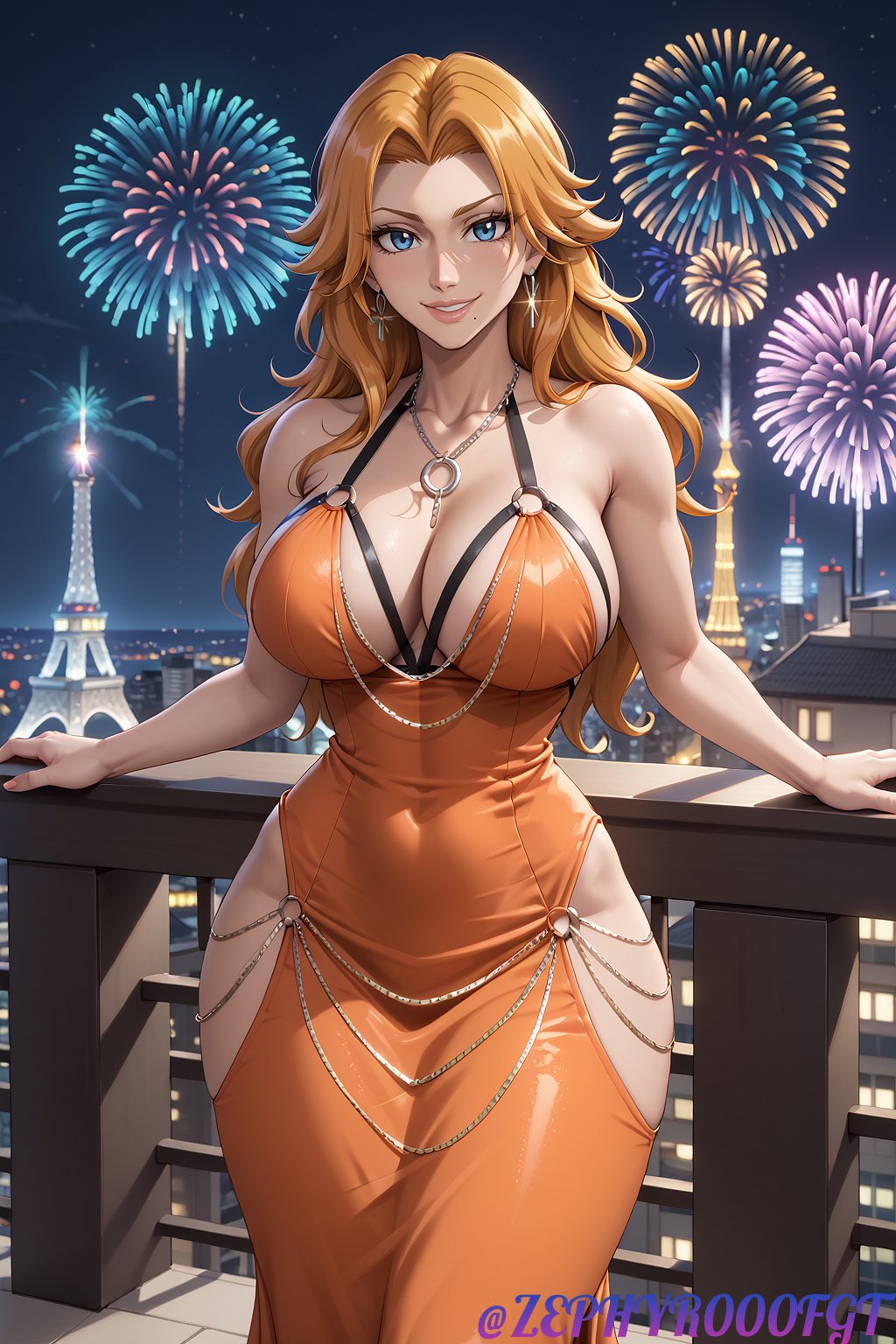 ai_generated bleach blue_eyes breasts fireworks happy_new_year looking_at_viewer matsumoto_rangiku new_year orange_hair