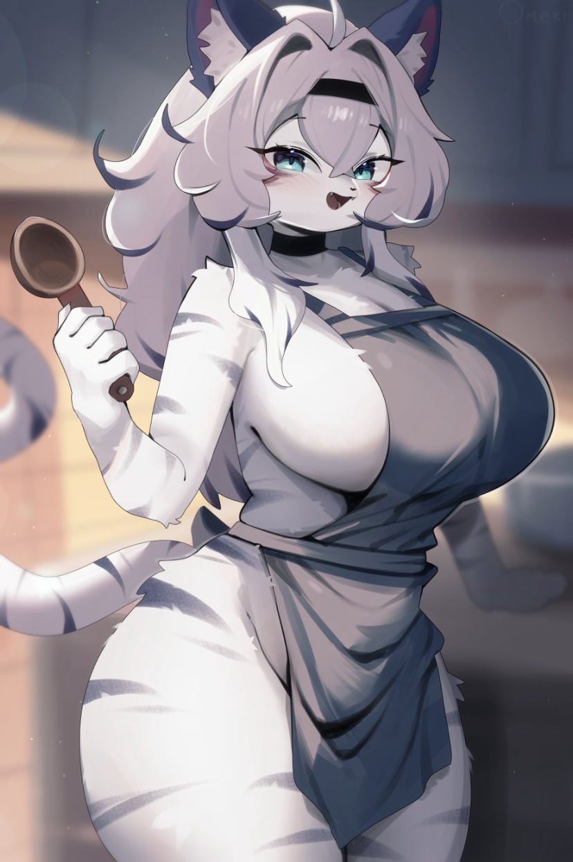 apron apron_only big_ass big_breasts cute furry nua_(omeki) omeki smile smiling_at_viewer striped_body white_fur wholesome