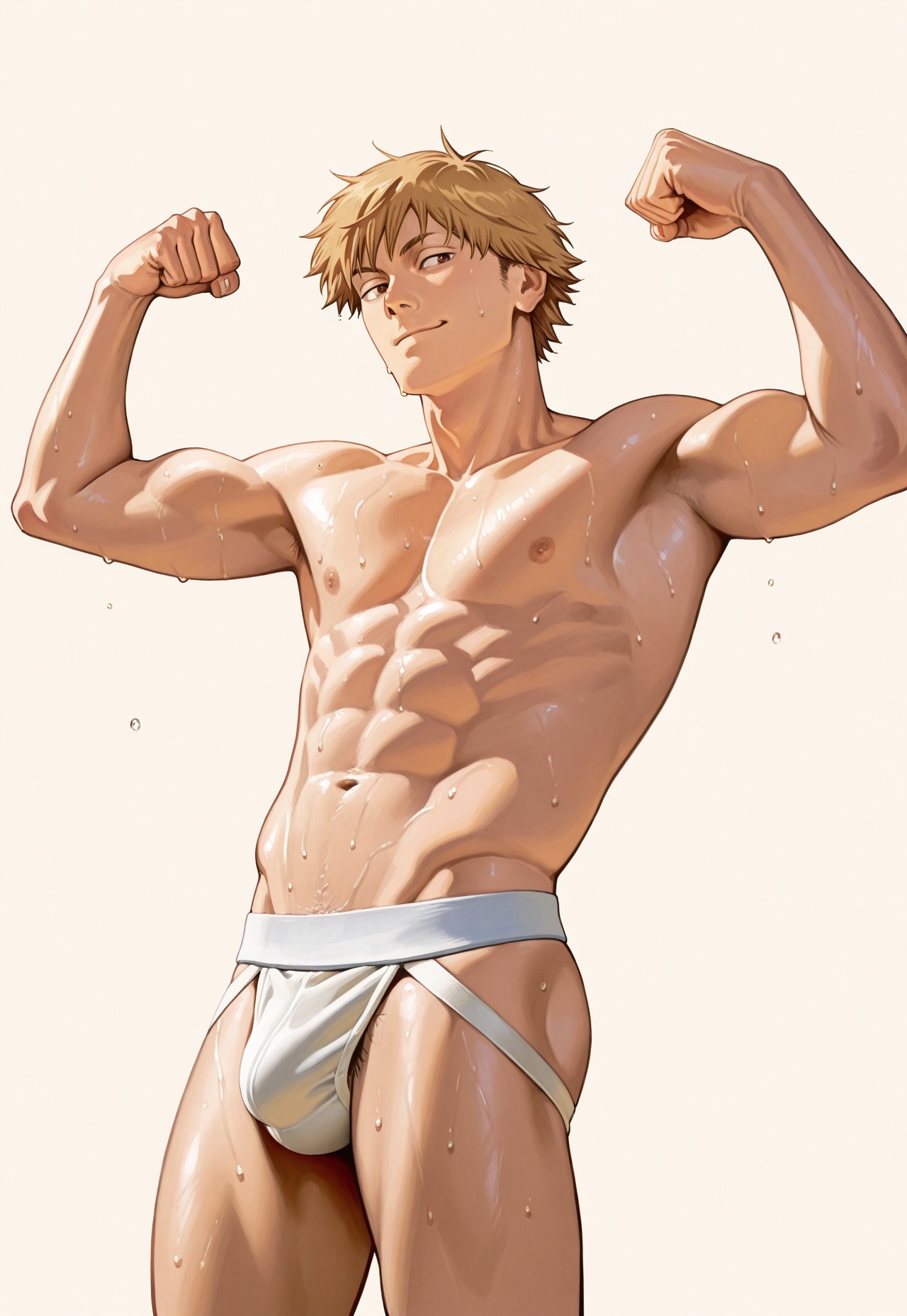 abs, ai generated, balls, bara, big balls, big penis, blush, chainsaw man, denji (chainsaw man), flexing, gay, jockstrap, male, male only, muscular, penis, sweat, sweaty, yaoi, yoichisai