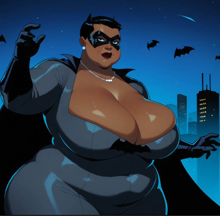 ai_generated amanda_waller batman_(cosplay) bbw bbw_mom big_belly big_breasts black_body black_lipstick chubby chubby_belly chubby_female dc_comics dc_extended_universe huge_breasts matronai_(artist) milf overflowing_breasts overweight overweight_female sagging_breasts short_hair spandex_suit superhero_costume thick_ass thick_thighs tight_clothing